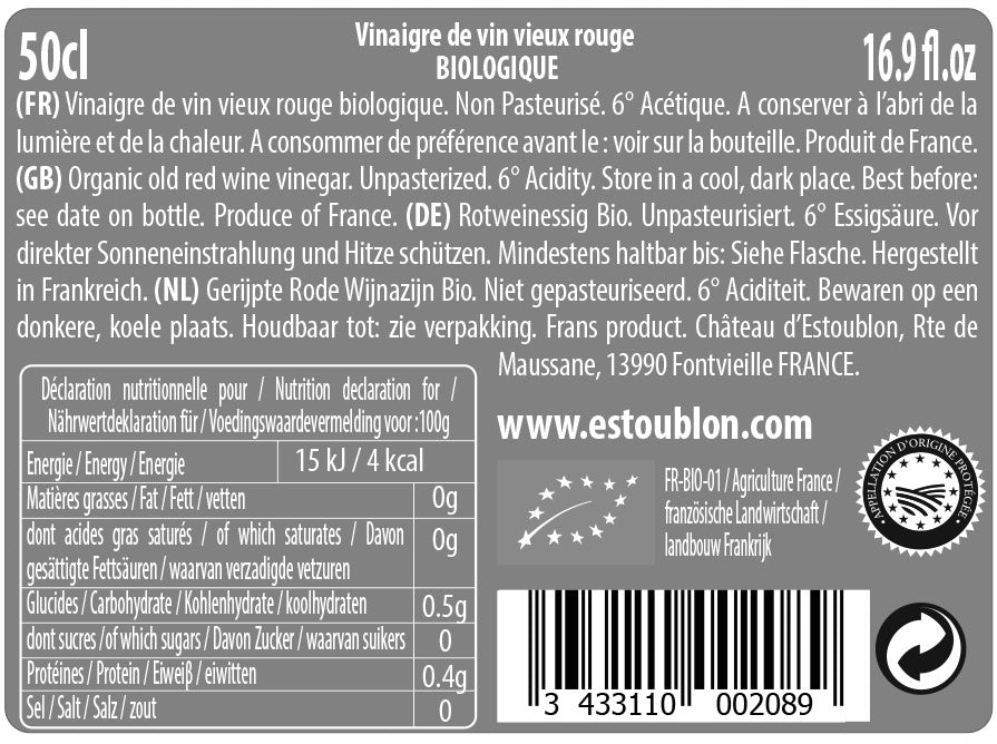 The back label from 500 ml bottle of Estoublon Organic Red Wine Vinegar.