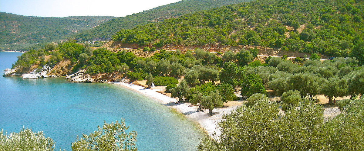 Coastline with turquoise waters, pebble beaches, olive groves, and forested hills.