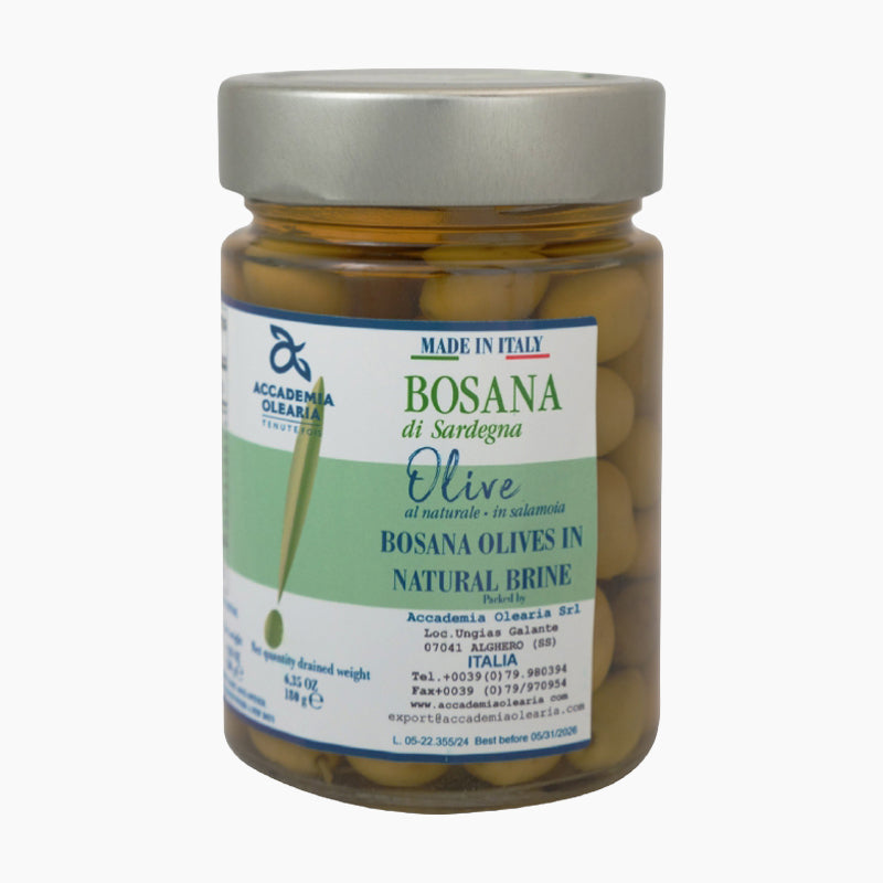 180g jar of Accademia Olearia Bosana Olives in Brine from Italy.