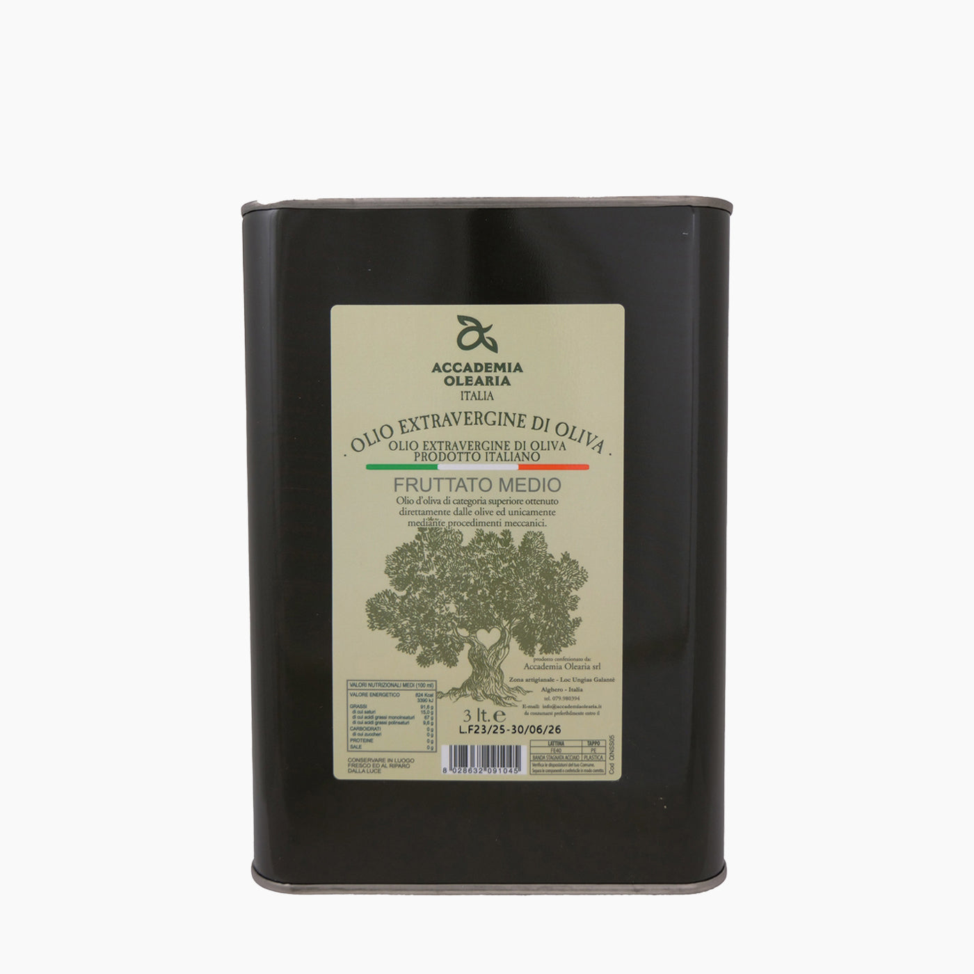 A 3L Tin of Accademia Olearia Fruttato extra virgin olive oil from Sardinia, Italy.
