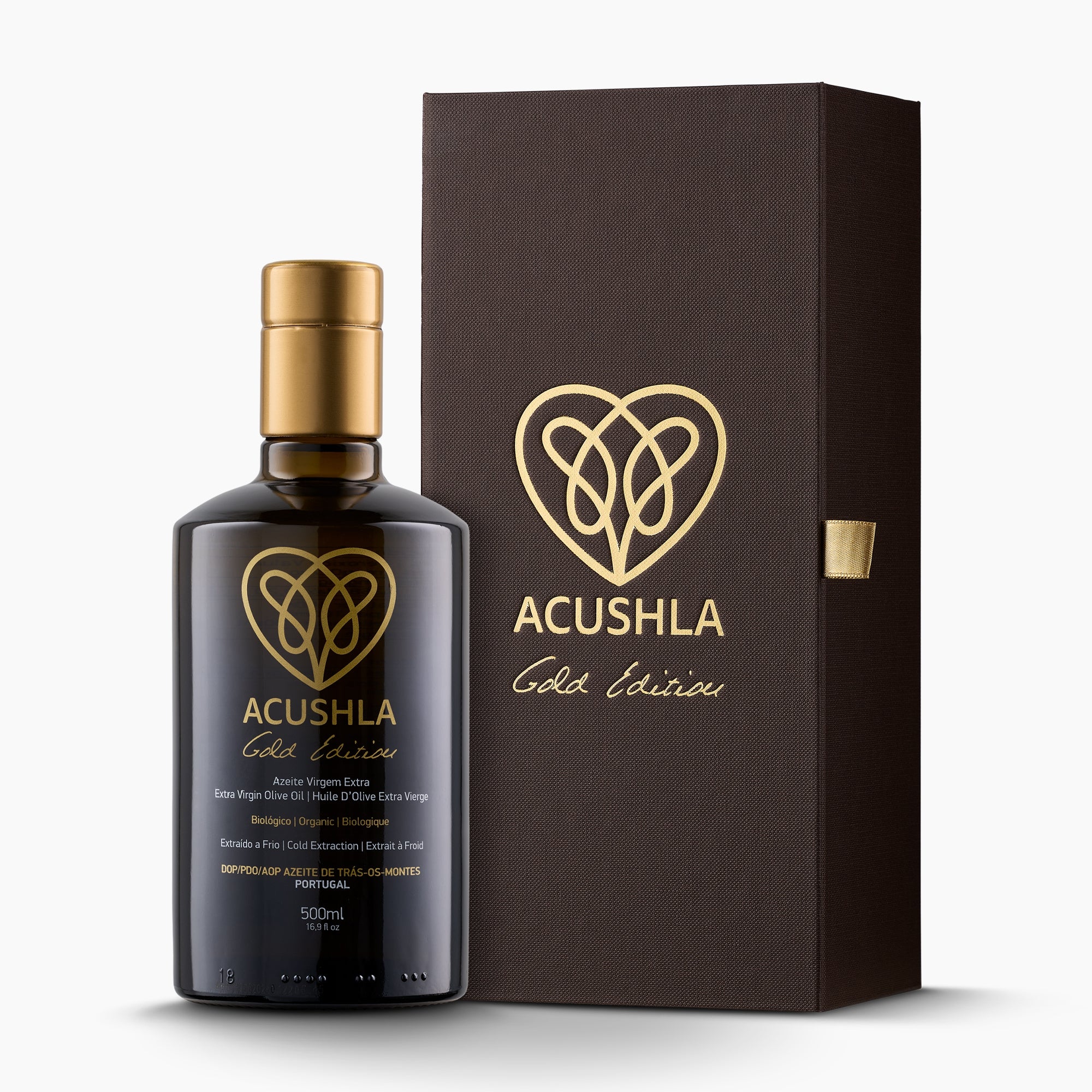 Acushla Gold Edition Organic DOP Trás-os-Montes 500 ml bottle beside its elegant gift box.