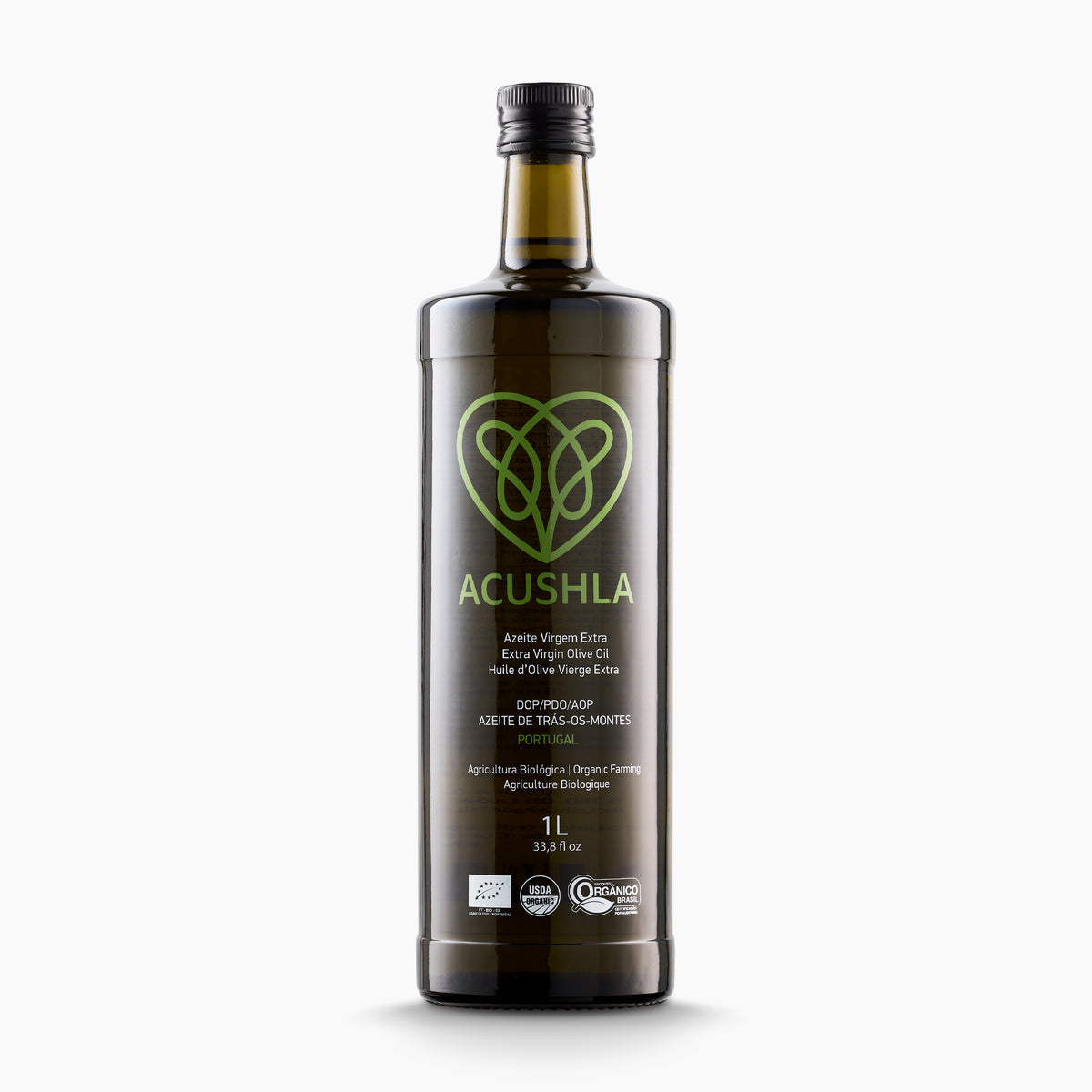 1L bottle of Acushla Organic DOP Trás-os-Montes extra virgin olive oil.