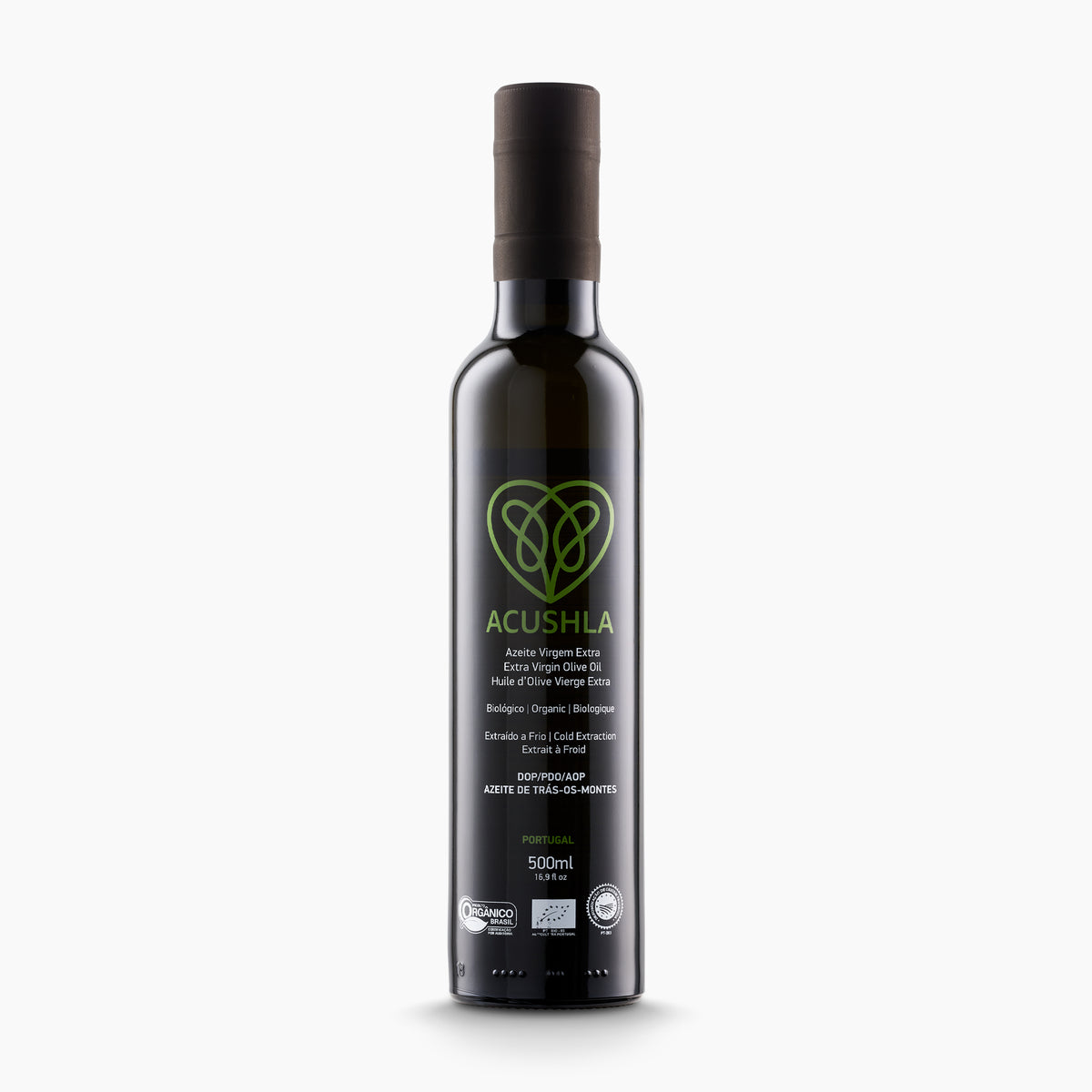 A 500 ml bottle of Acushla Organic DOP Trás-os-Montes extra virgin olive oil from Portugal.