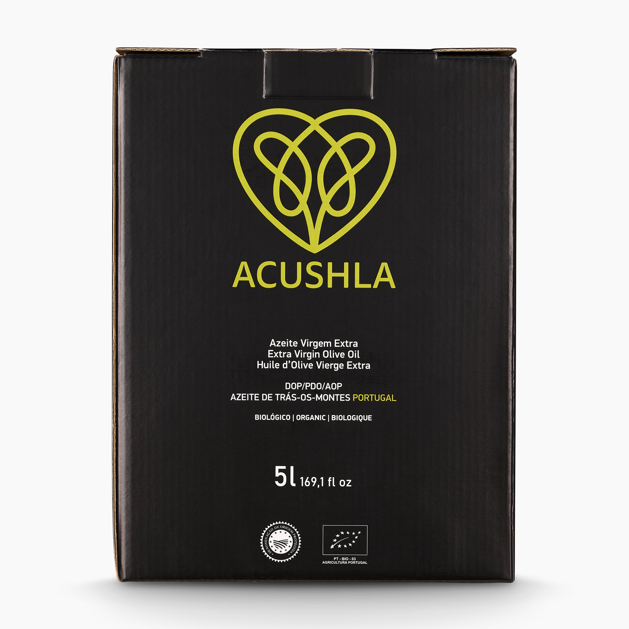 A 5L Bag-in-Box of Acushla Organic DOP Trás-os-Montes extra virgin olive oil.