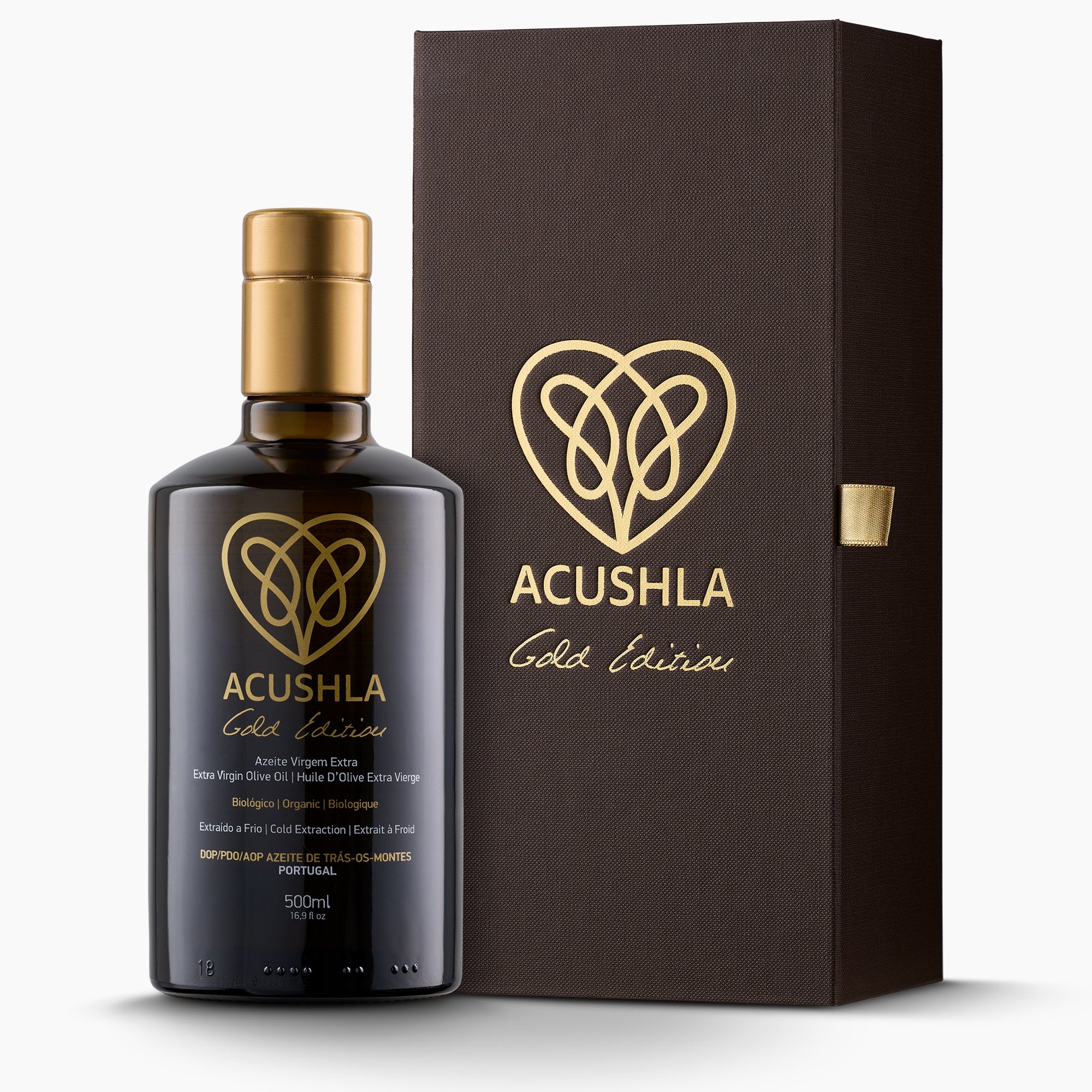 Acushla Gold Edition Organic DOP Trás-os-Montes 500 ml bottle beside its elegant gift box.