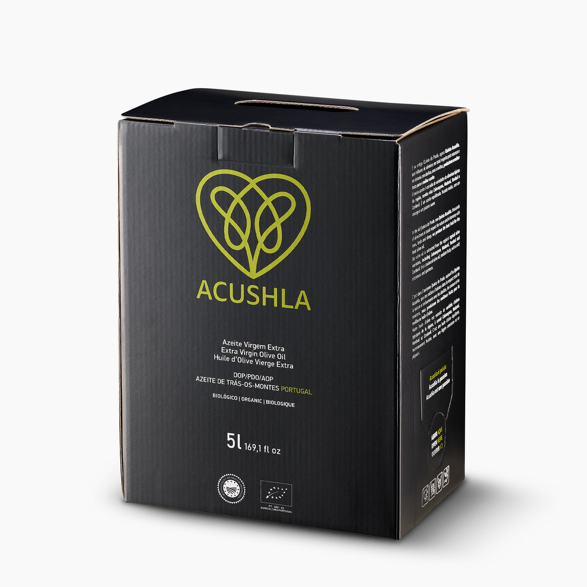 Angled view of Acushla Organic DOP Trás-os-Montes 5L Bag-in-Box.