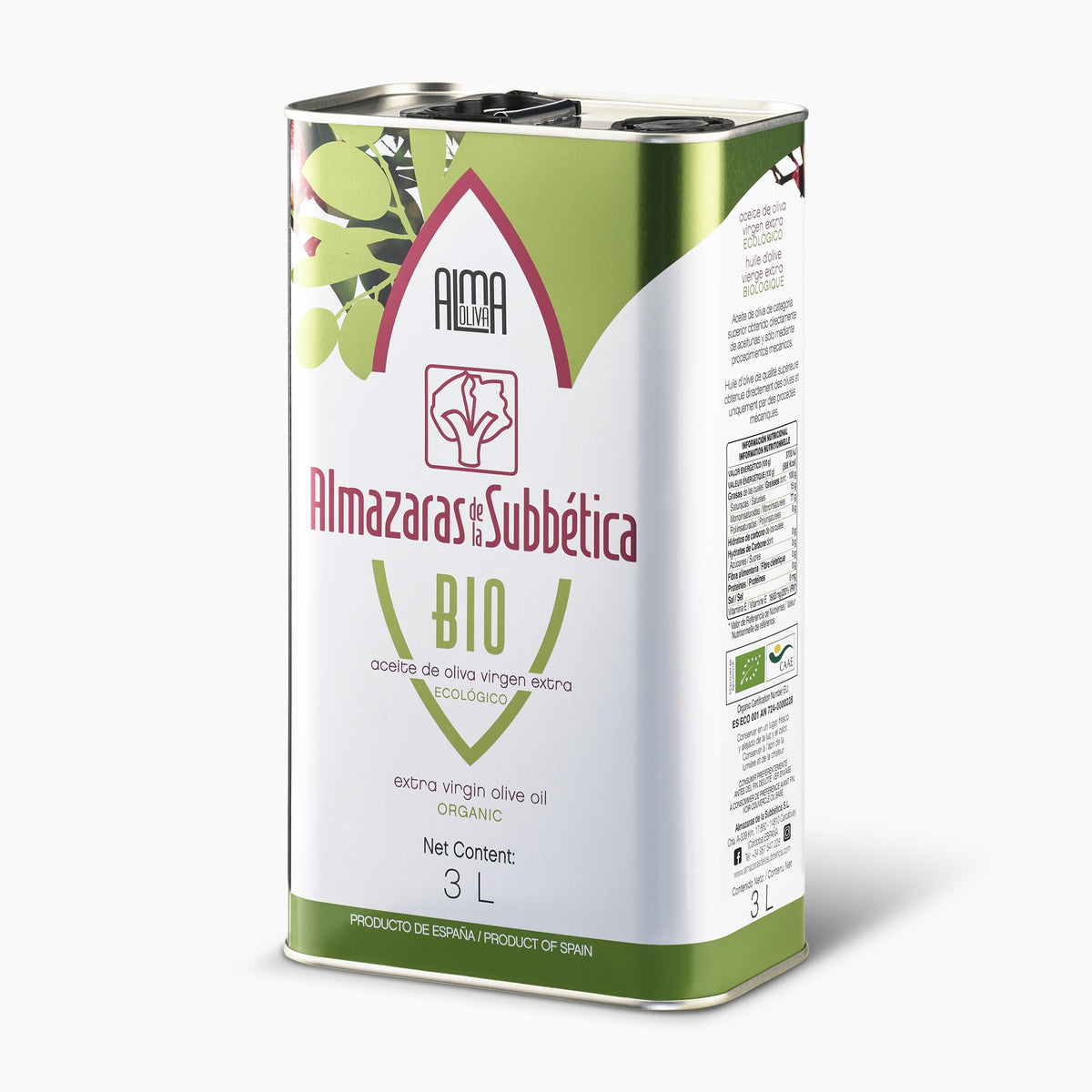 Angled view of 3L Tin of Almaoliva Bio extra virgin olive oil from Andalusia, Spain.