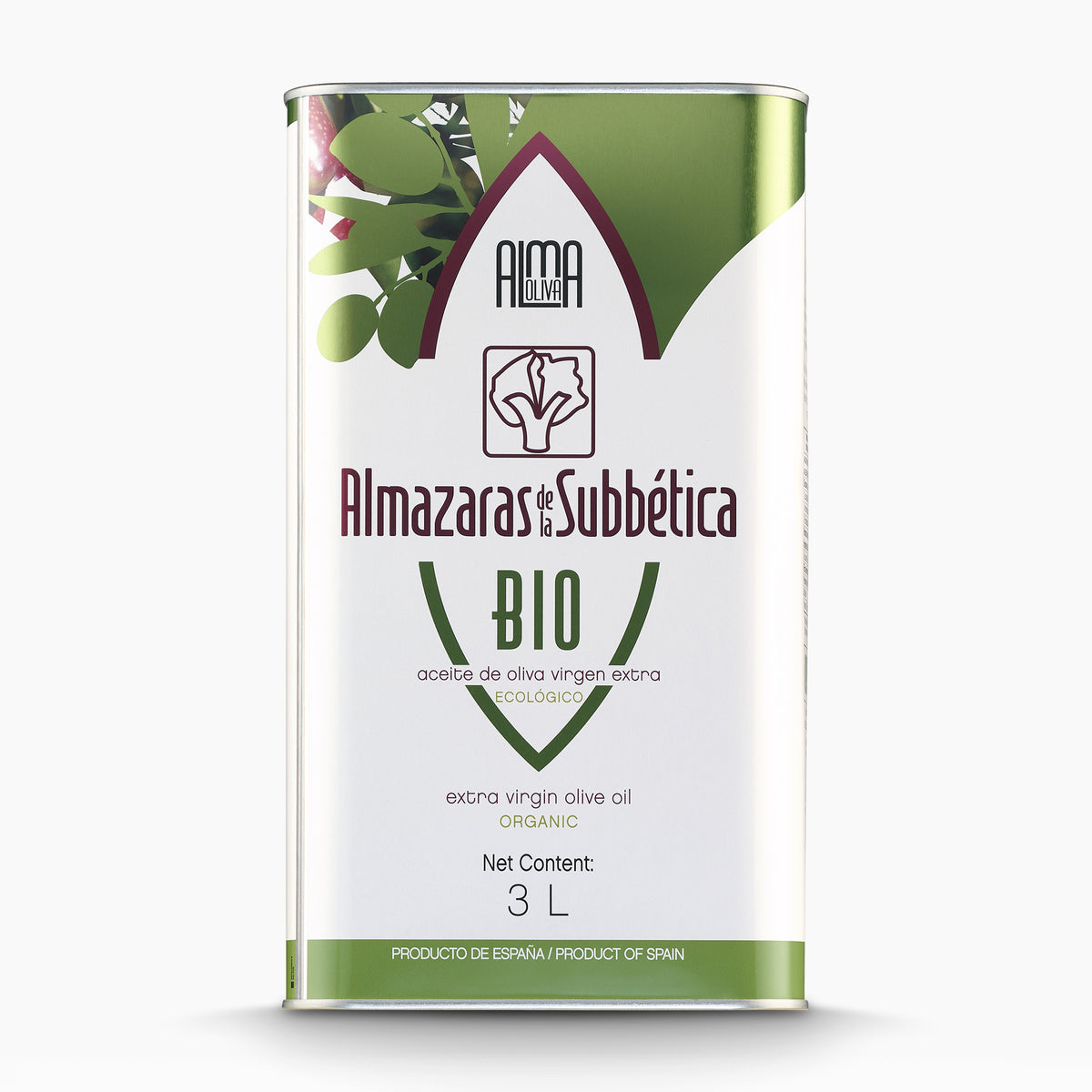 A 3L Tin of Almaoliva Bio extra virgin olive oil from Andalusia, Spain.