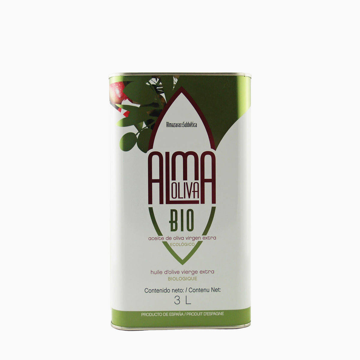 A 3L Tin of Almaoliva Bio extra virgin olive oil from Andalusia, Spain.