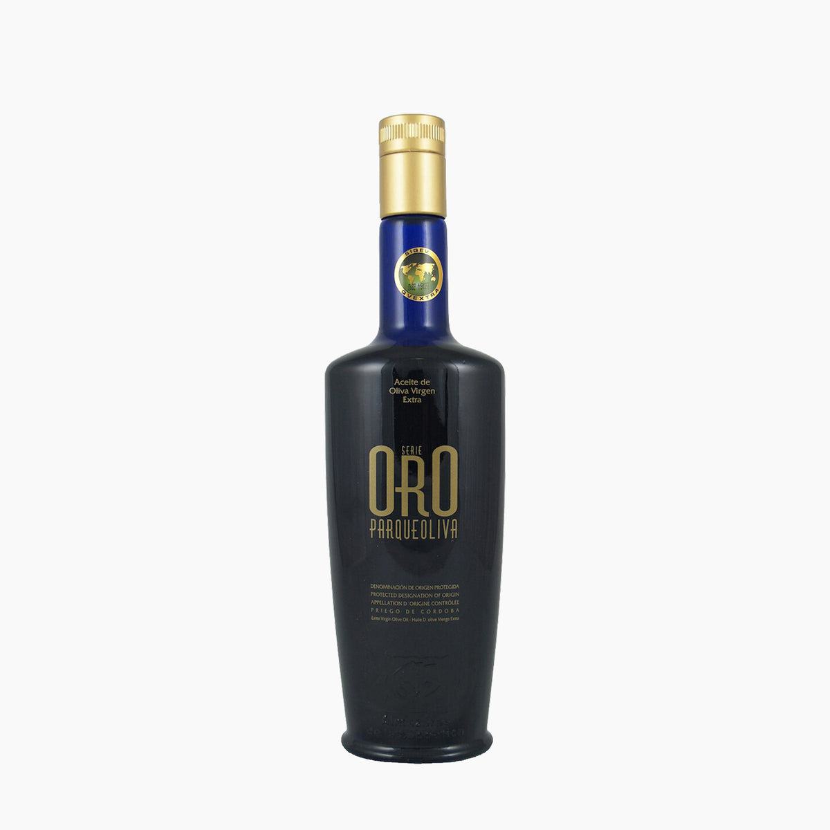 A 500 ml bottle of Parqueoliva Serie Oro extra virgin olive oil from Andalusia, Spain.