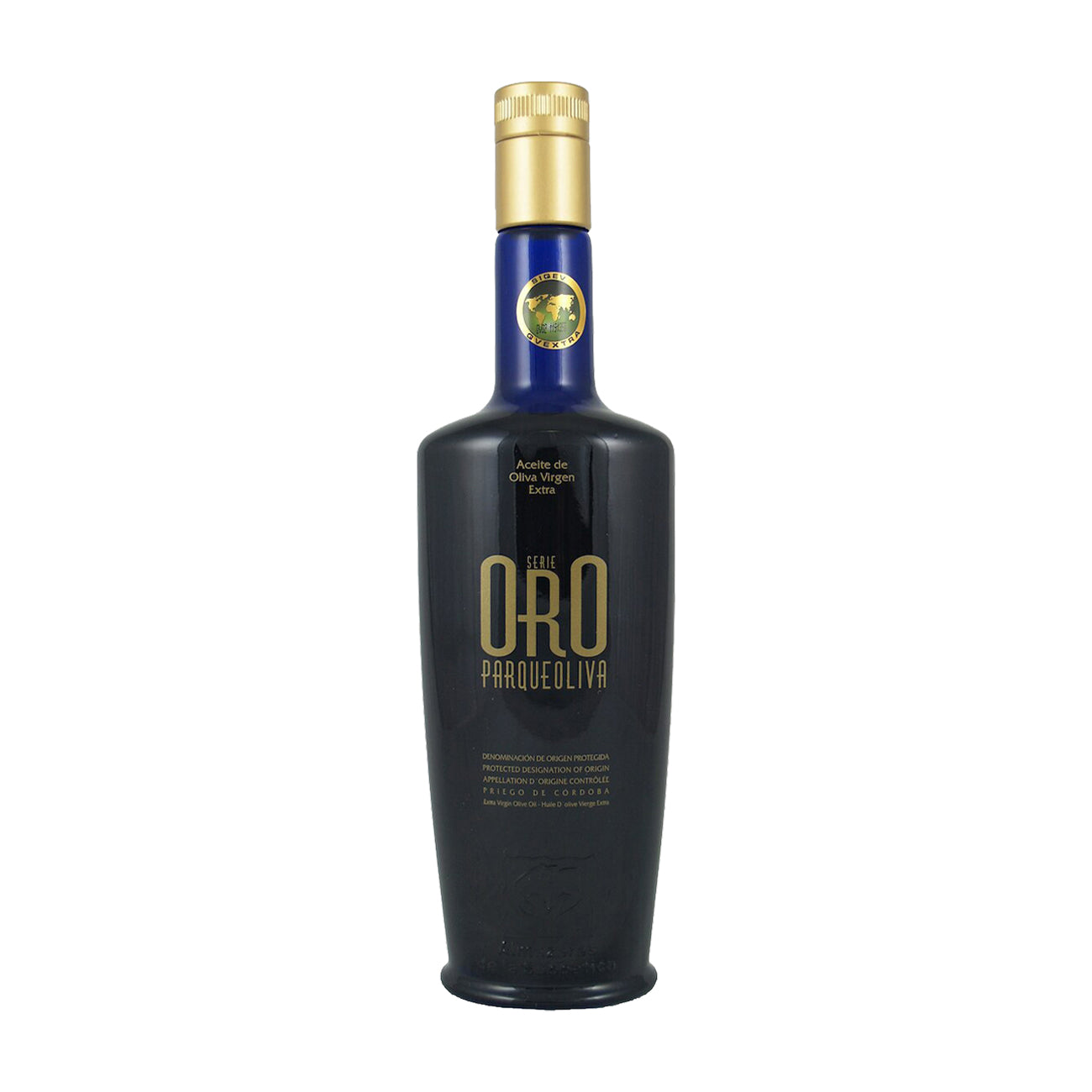 A 500 ml bottle of Parqueoliva Serie Oro extra virgin olive oil from Andalusia, Spain.