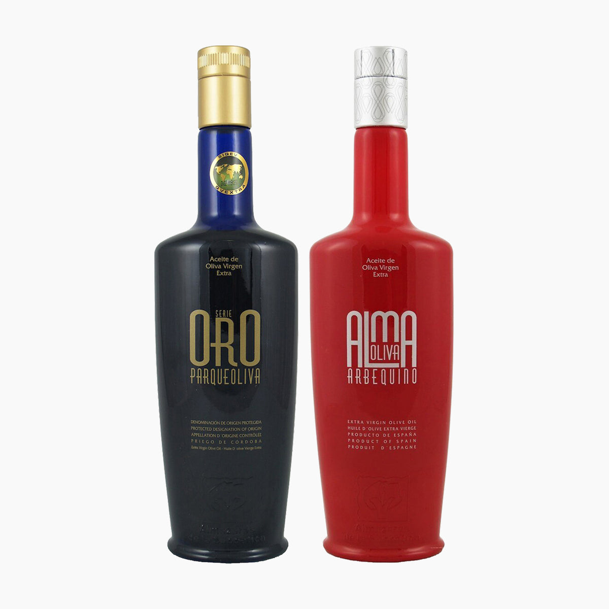 Two 500 ml olive oil bottles from Almazaras de la Subbetica; Parqueoliva Serie Oro, and Almaoliva Arbequina.