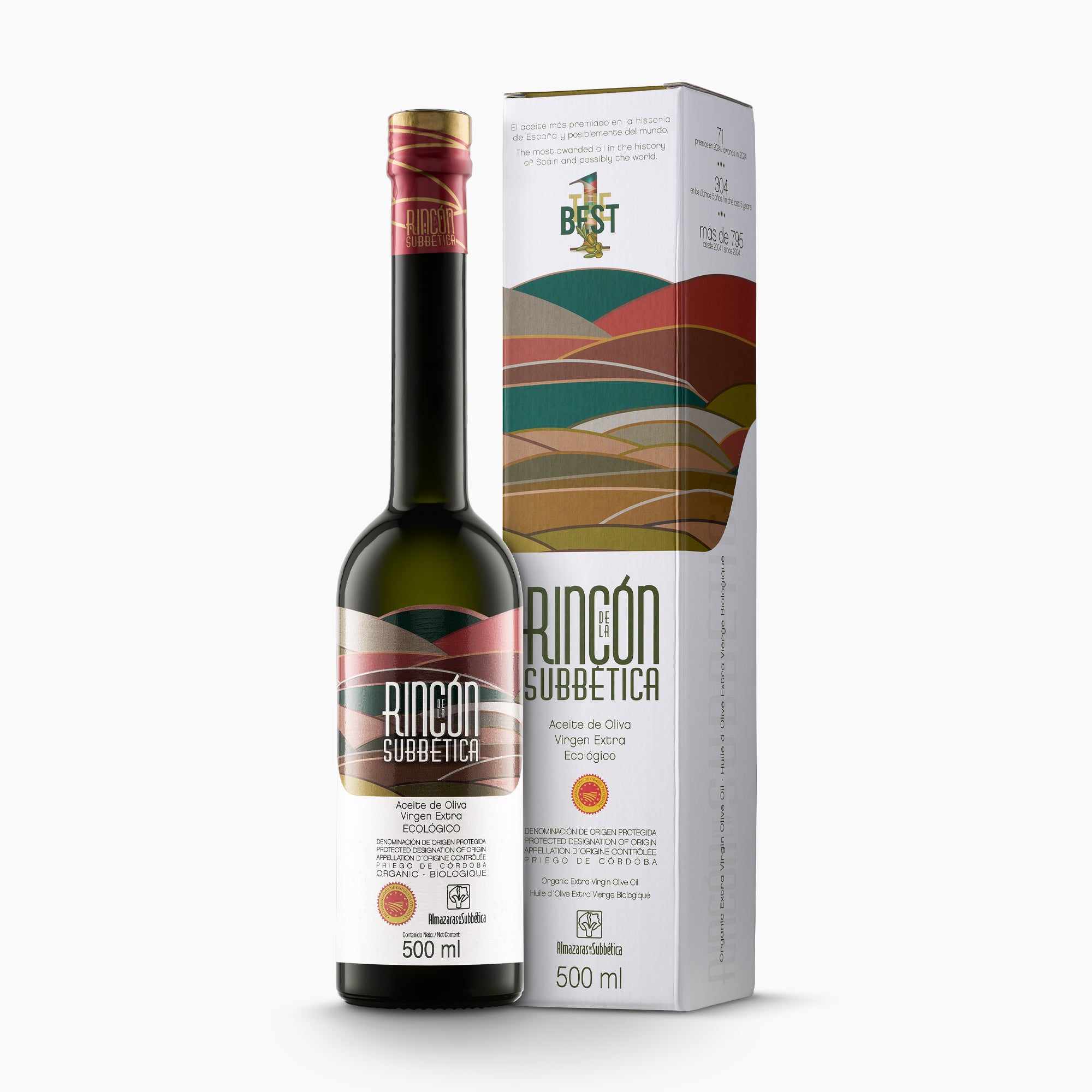 Rincón de la Subbética 500 ml organic extra virgin olive oil bottle with a gift box.