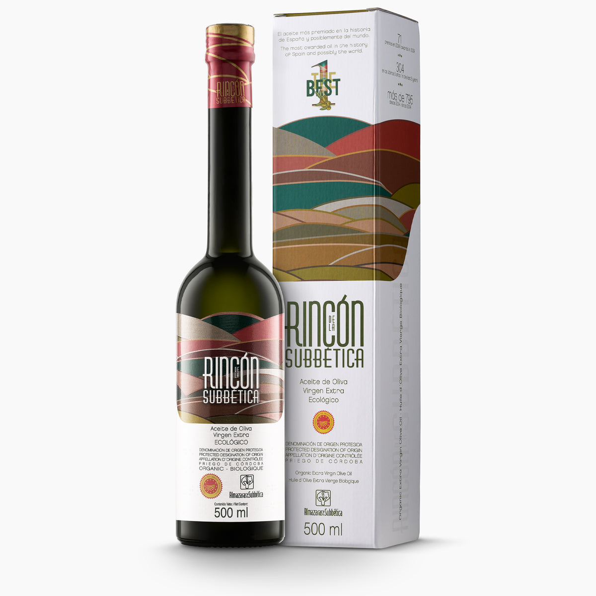 Rincón de la Subbética 500 ml organic extra virgin olive oil bottle with a gift box.