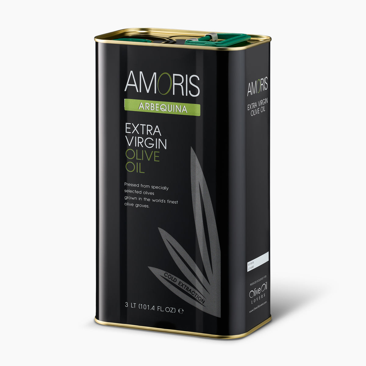 Angled view of Amoris Arbequina 3L Tin extra virgin olive oil from Andalusia, Spain.