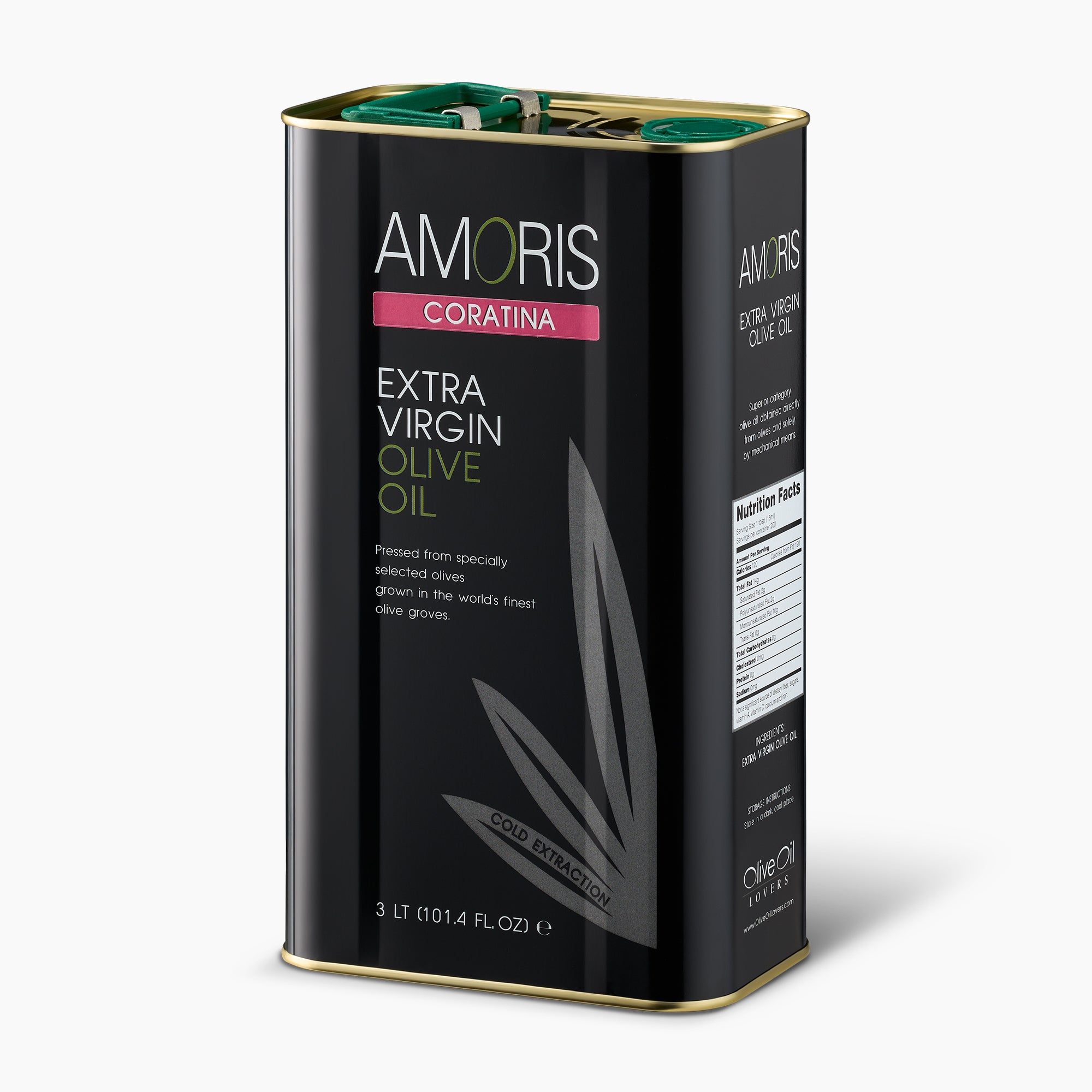 Angled view of Amoris Coratina 3L Tin extra virgin olive oil from Puglia, Italy.