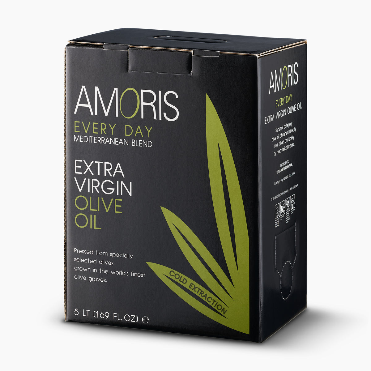 Angled view of Amoris Every Day extra virgin olive oil in a 5L bag-in-box.