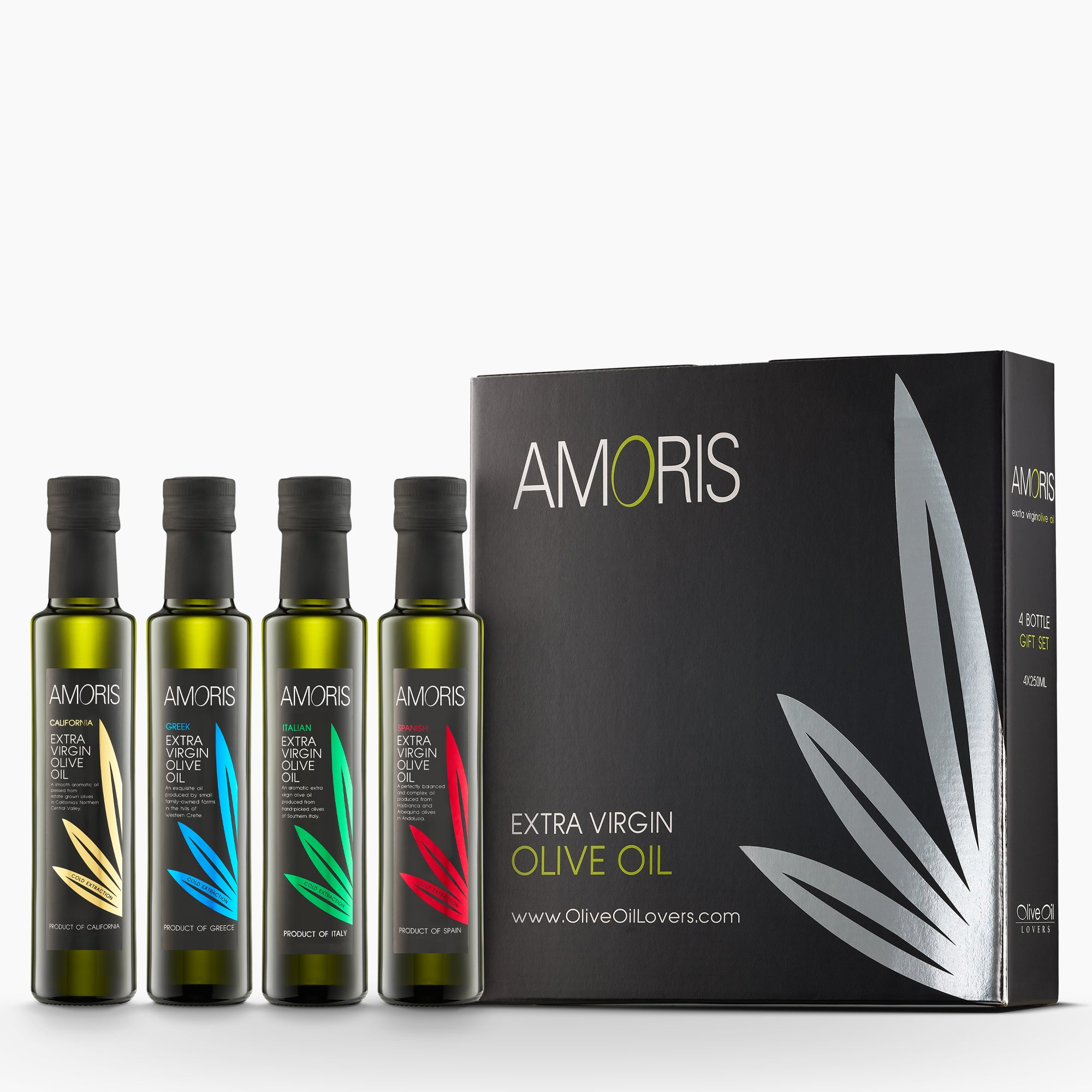 Four 250ml Amoris olive oils from California, Greece, Italy, and Spain beside an elegant gift box.