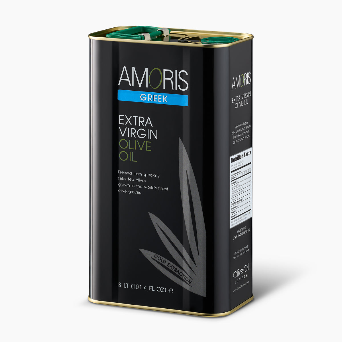 Angled view of Amoris Greek 3L Tin extra virgin olive oil from Crete, Greece.