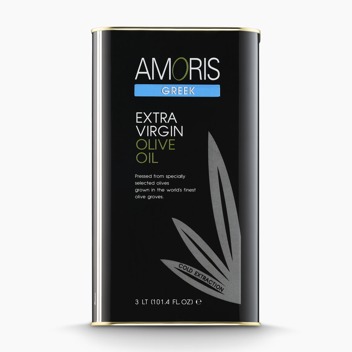 A 3L Tin of Amoris Greek extra virgin olive oil from Crete, Greece.