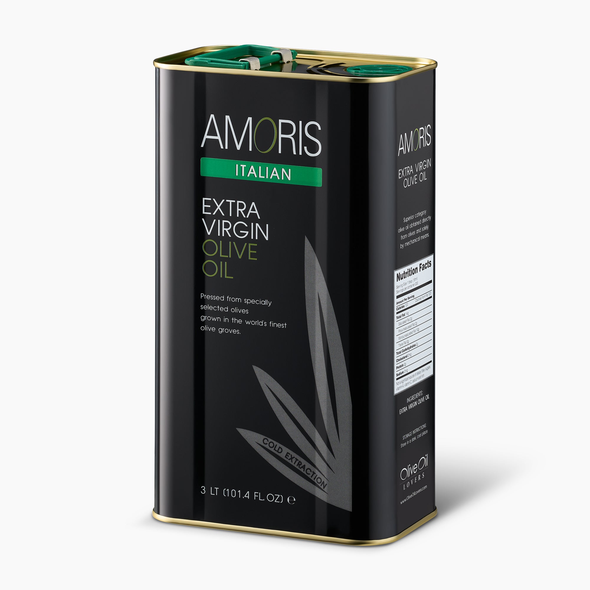 Angled view of Amoris Italian 3L Tin extra virgin olive oil.