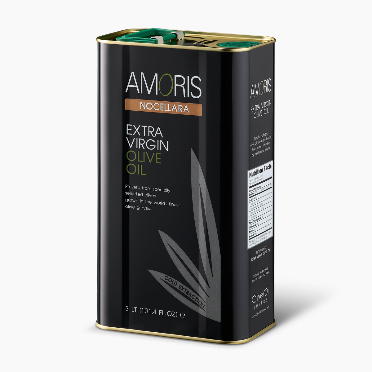 Angled view of Amoris Nocellara 3L Tin extra virgin olive oil from Sicily, Italy.