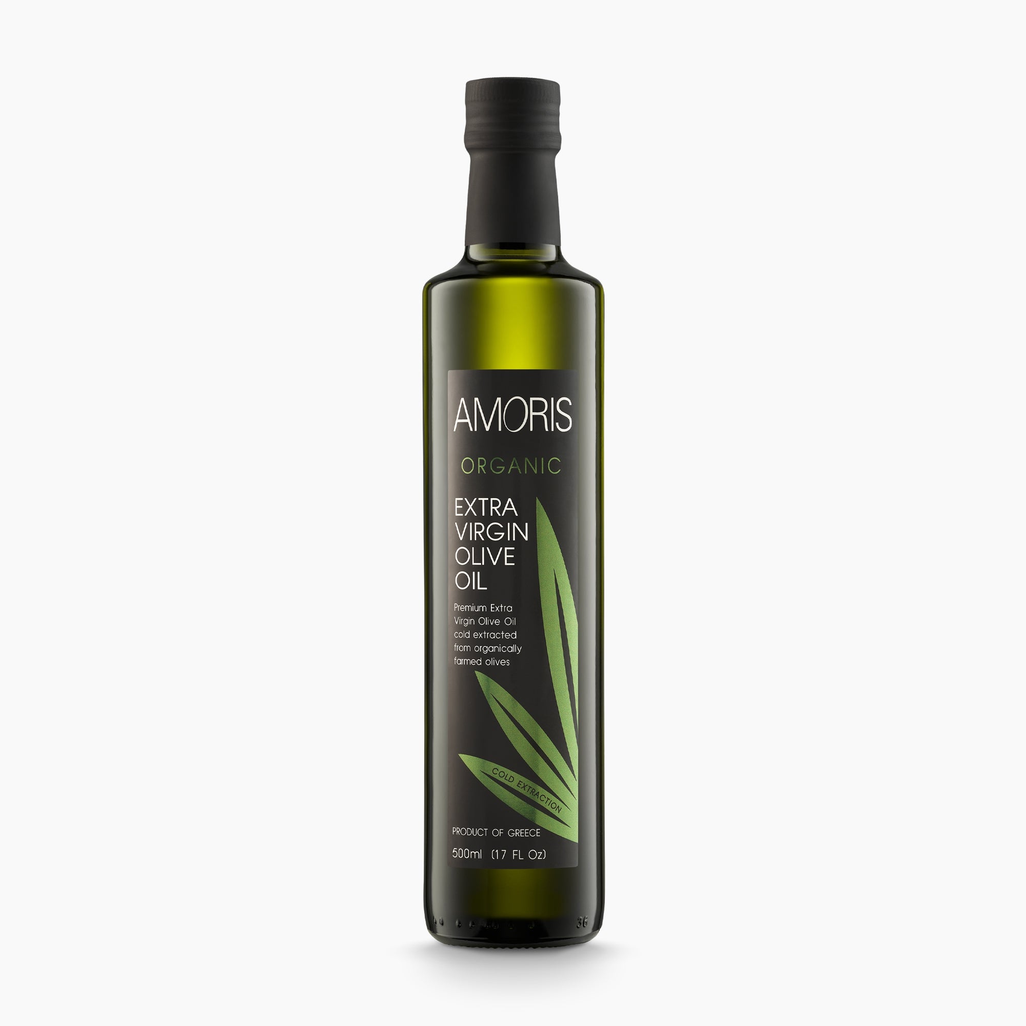 A 500 ml bottle of Amoris Organic extra virgin olive oil from Crete, Greece.