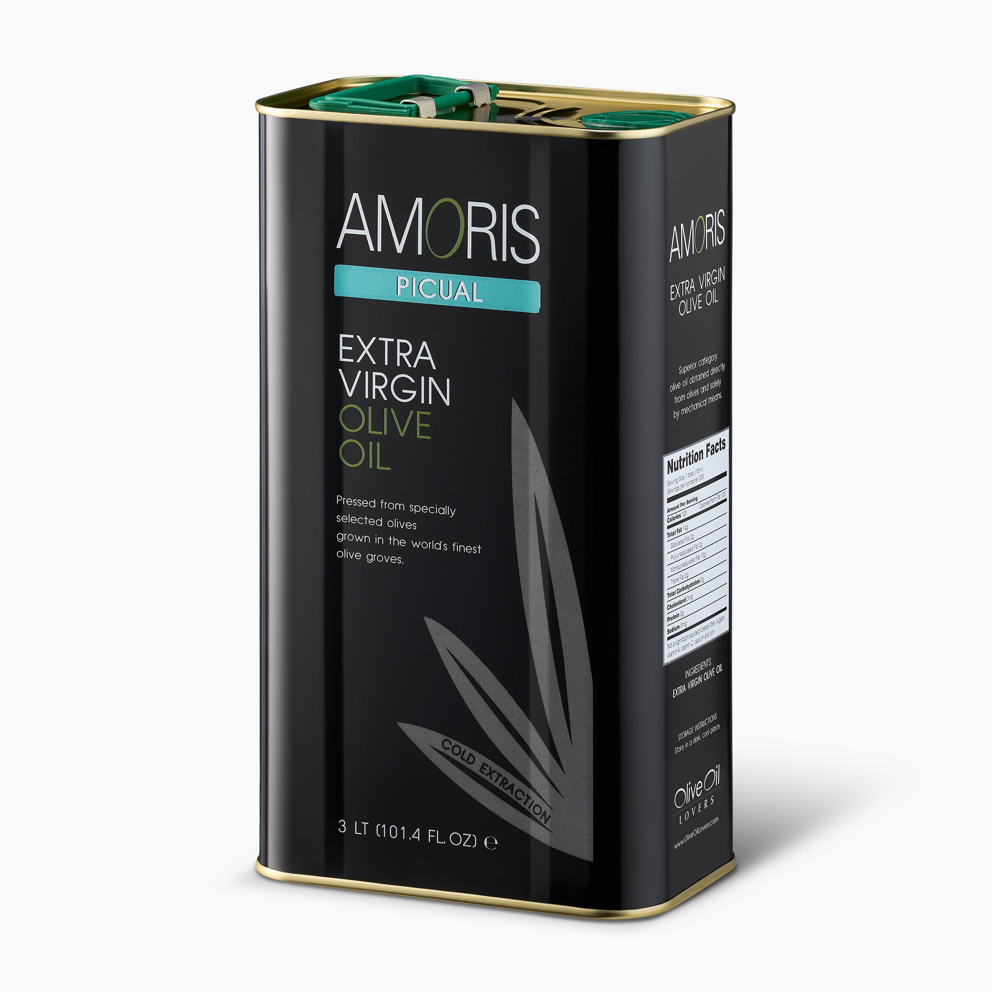 Angled view of Amoris Picual 3L Tin extra virgin olive oil from Andalusia, Spain.