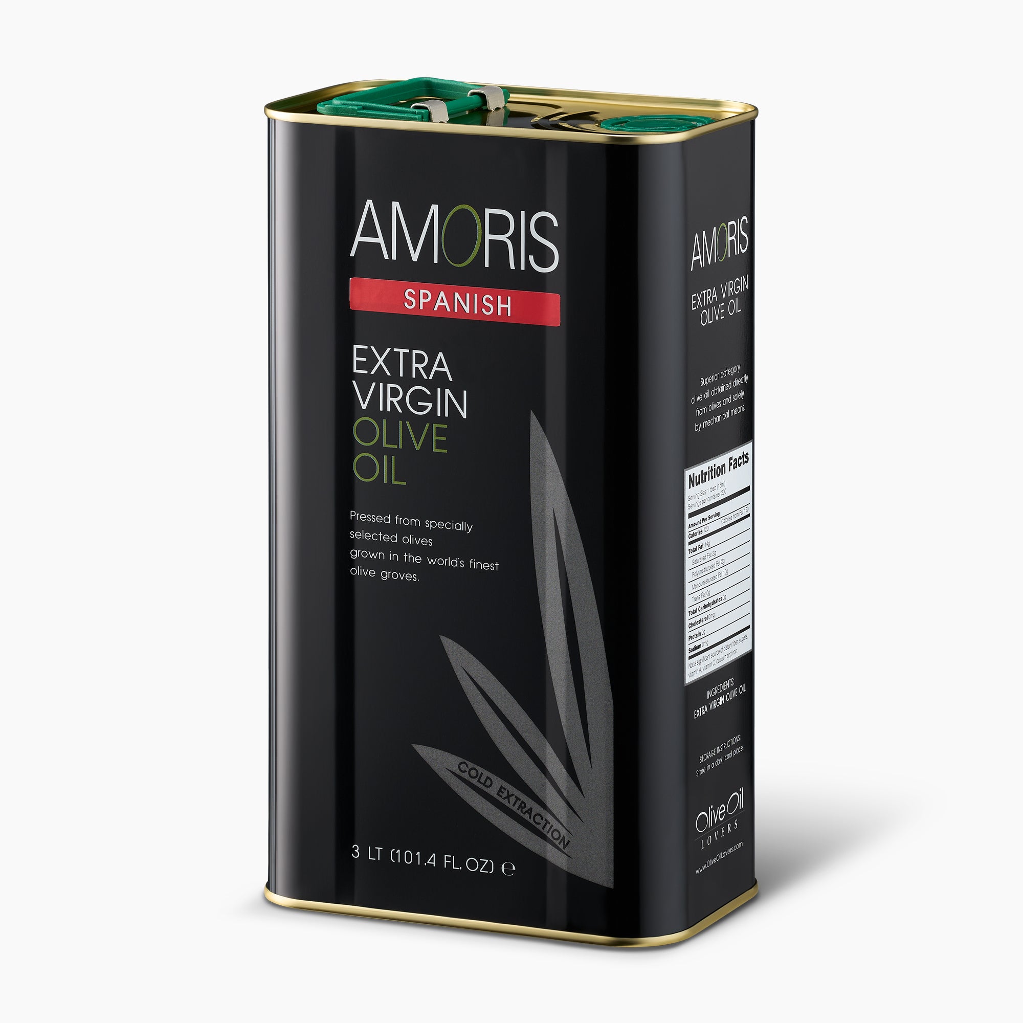 Angled view of Amoris Spanish 3L Tin extra virgin olive oil.