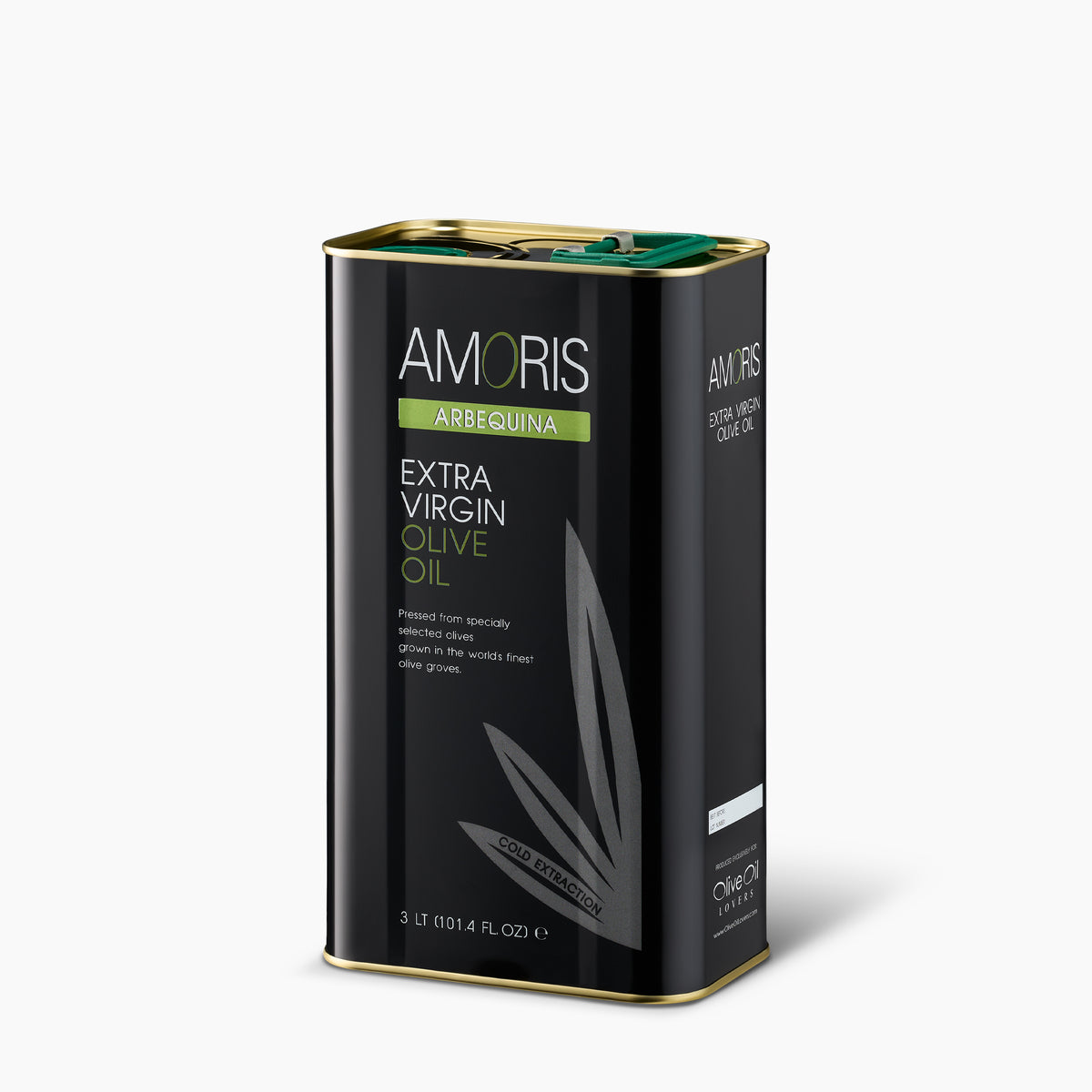 Angled view of Amoris Arbequina 3L Tin extra virgin olive oil from Andalusia, Spain.