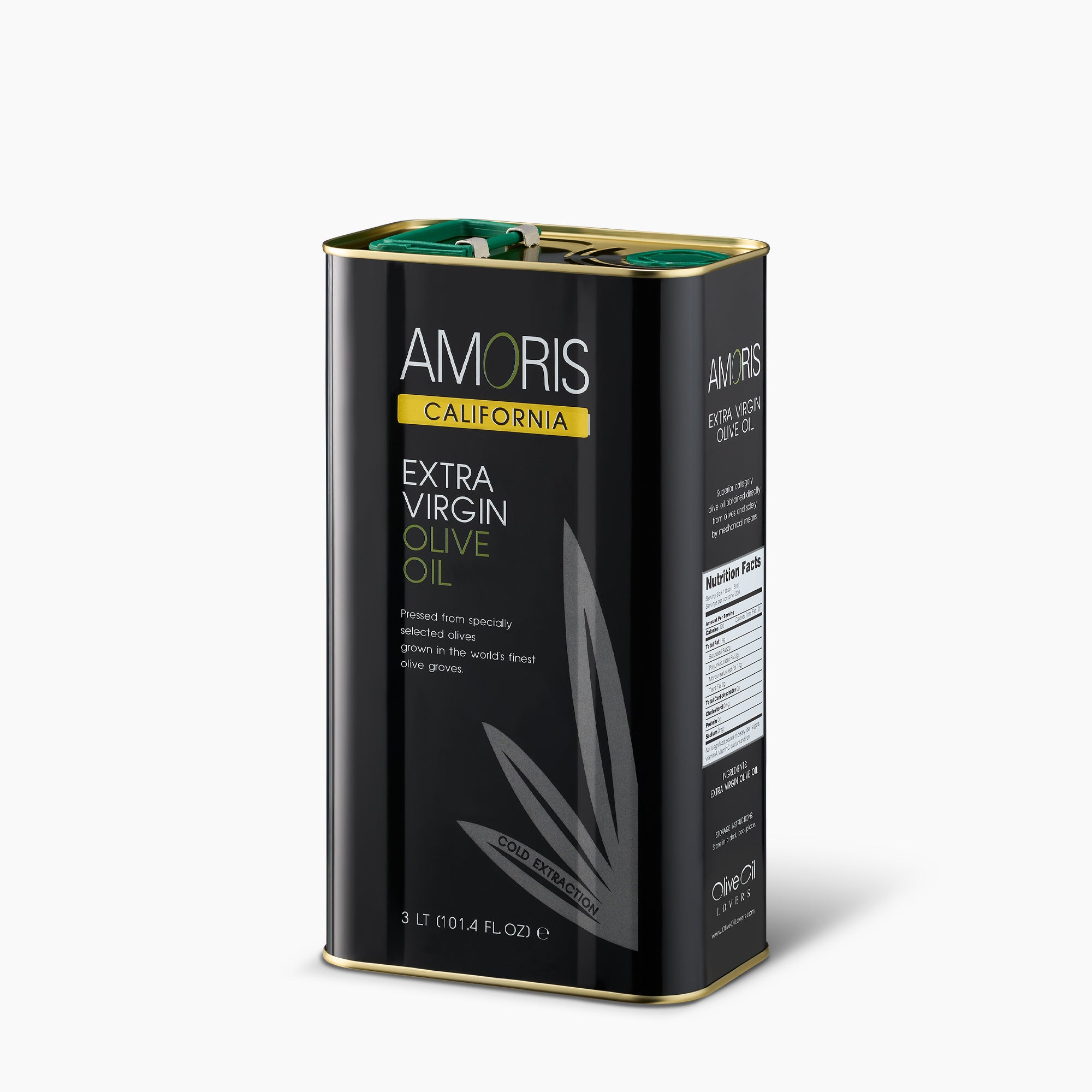 Angled view of Amoris California 3L Tin extra virgin olive oil from California, United States.