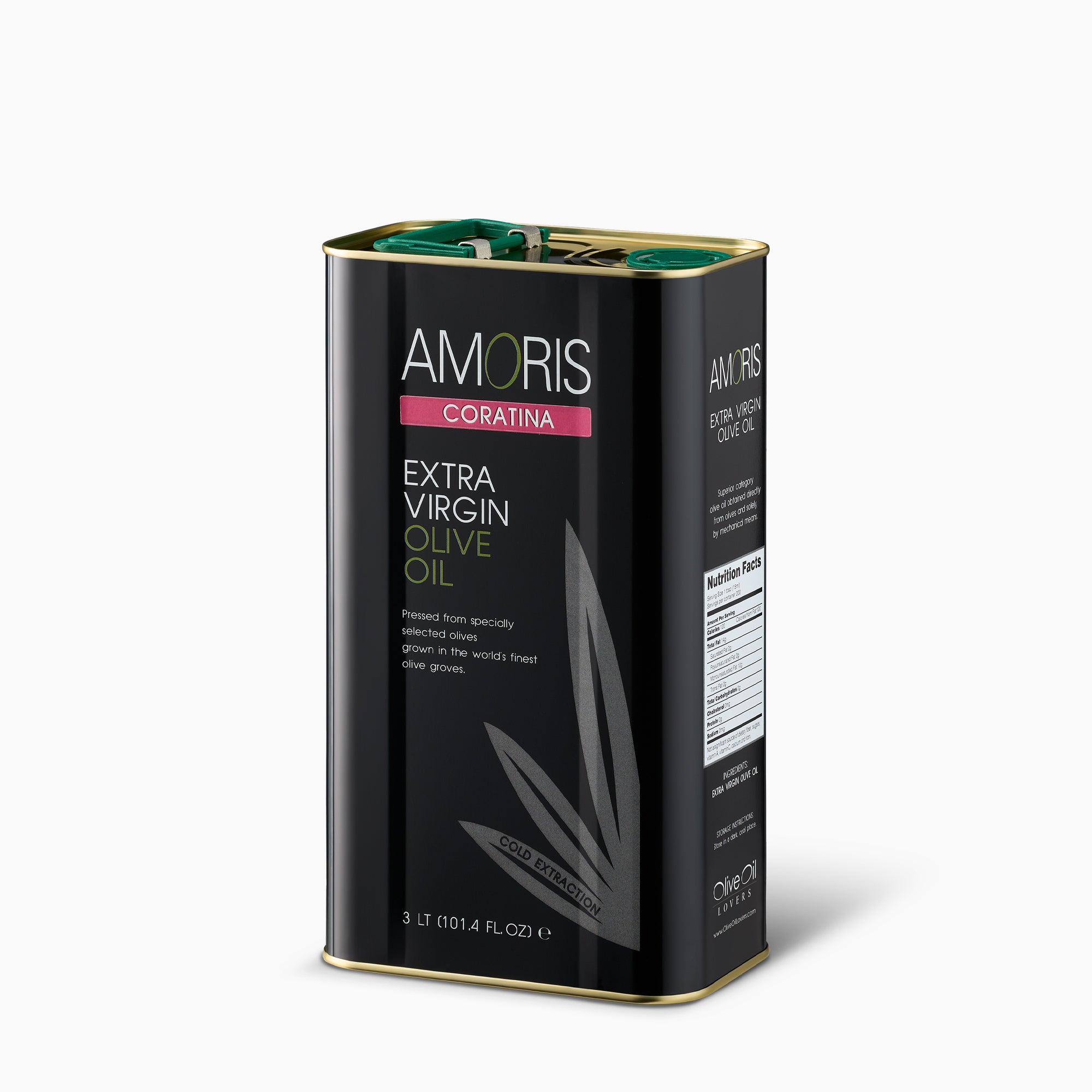 Angled view of Amoris Coratina 3L Tin extra virgin olive oil from Puglia, Italy.