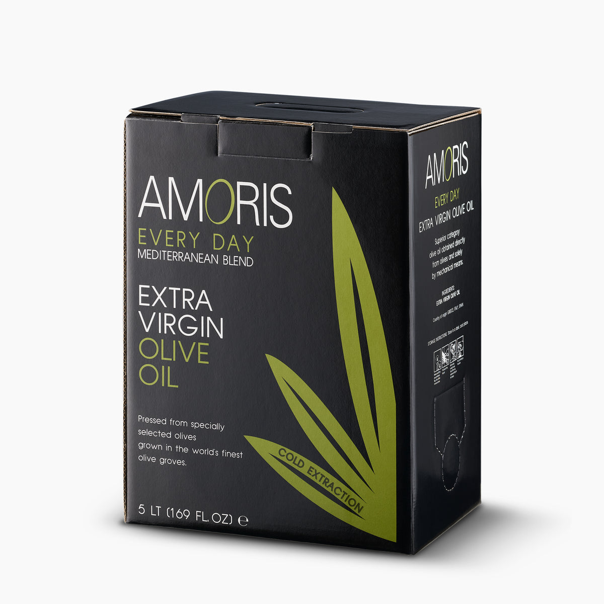 Angled view of Amoris Every Day extra virgin olive oil in a 5L bag-in-box.