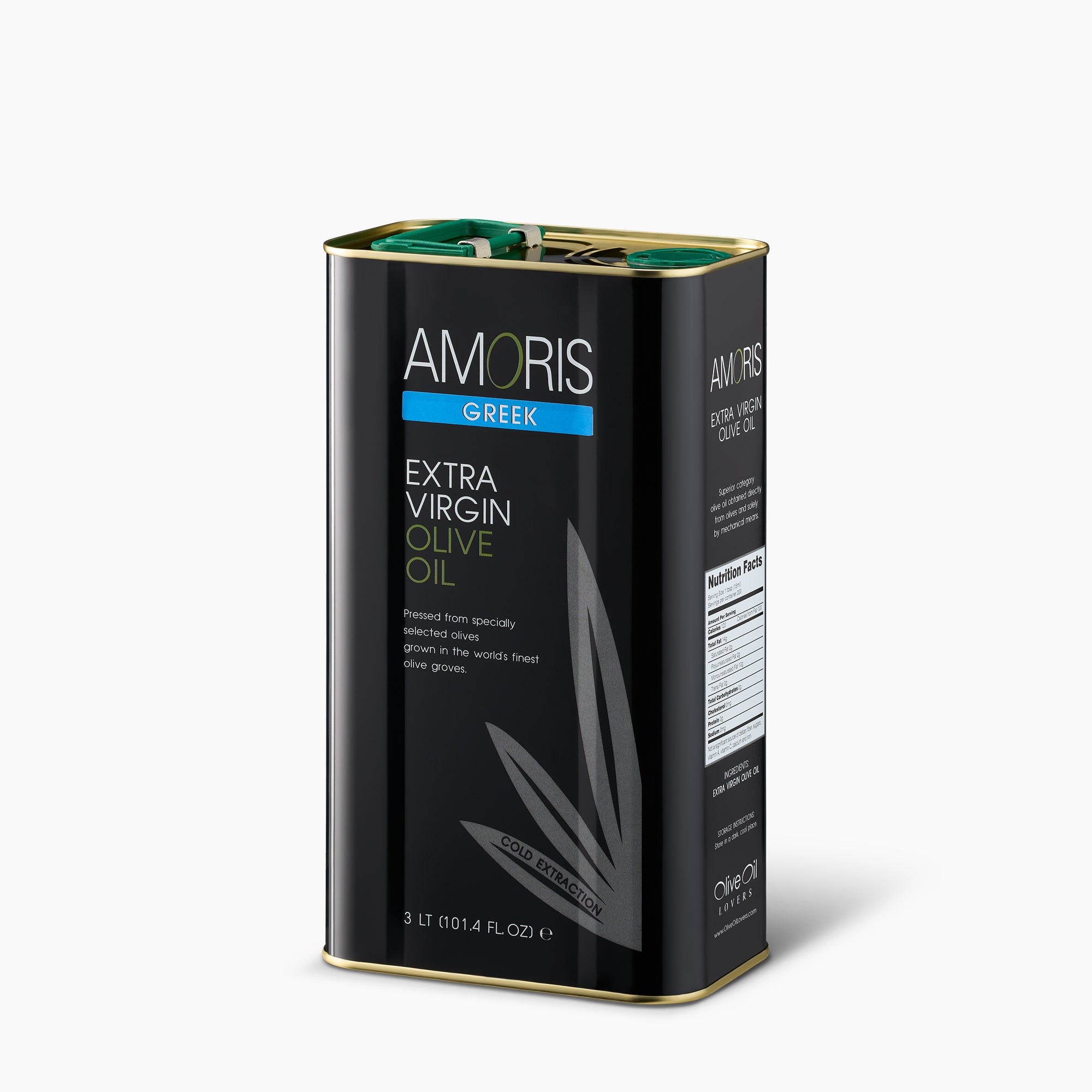 Angled view of Amoris Greek 3L Tin extra virgin olive oil from Crete, Greece.