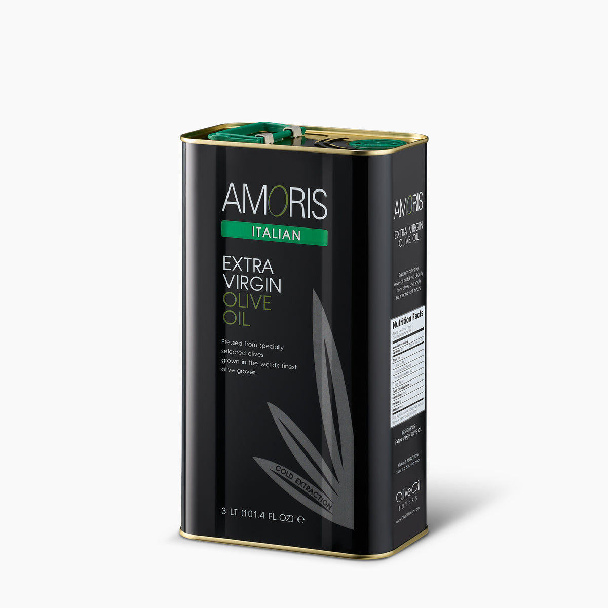 Angled view of Amoris Italian 3L Tin extra virgin olive oil.