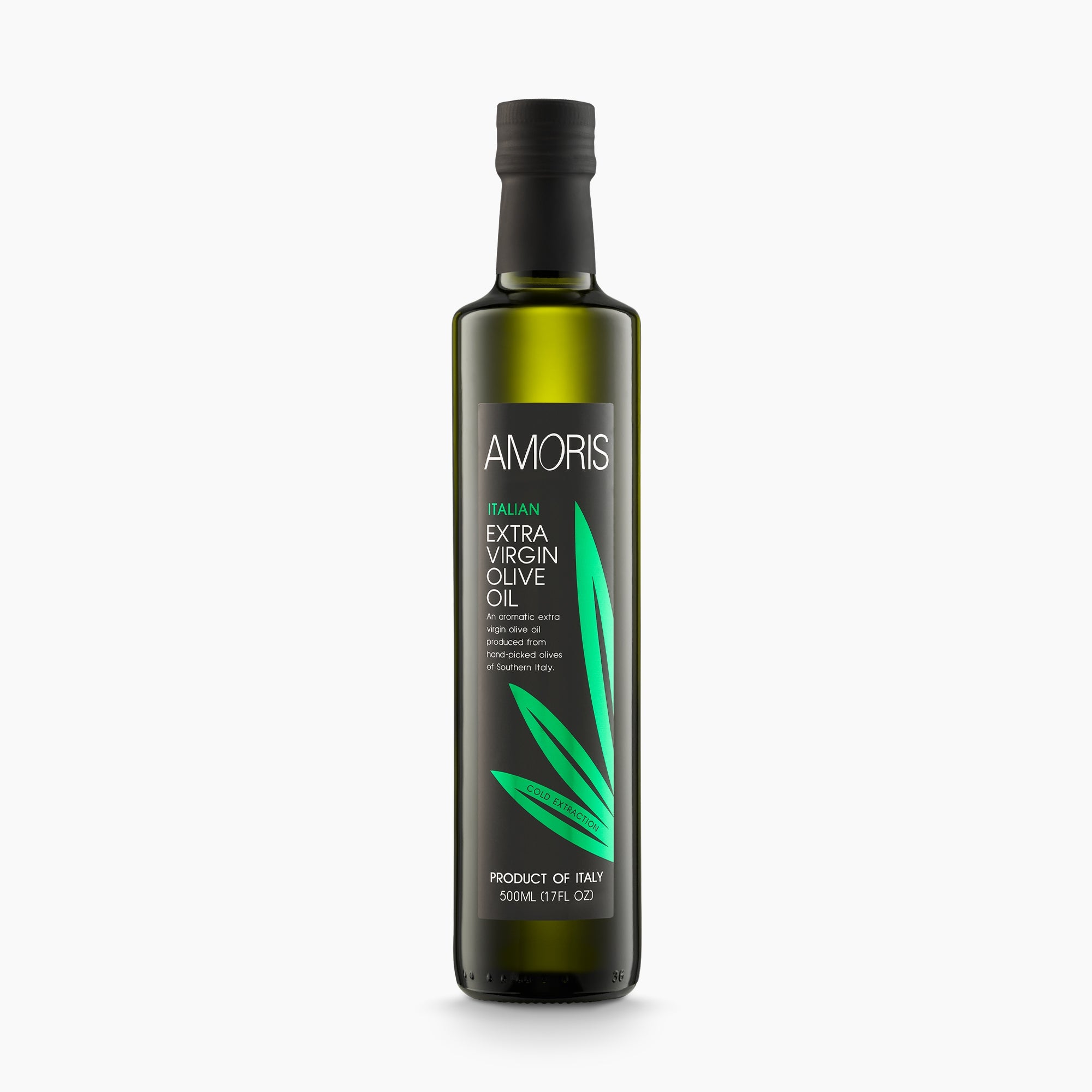 A 500 ml bottle of Amoris Italian extra virgin olive oil from Sicily, Italy.