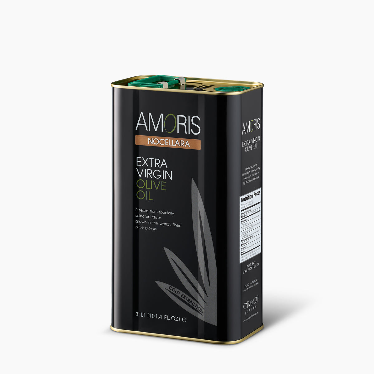 Angled view of Amoris Nocellara 3L Tin extra virgin olive oil from Sicily, Italy.