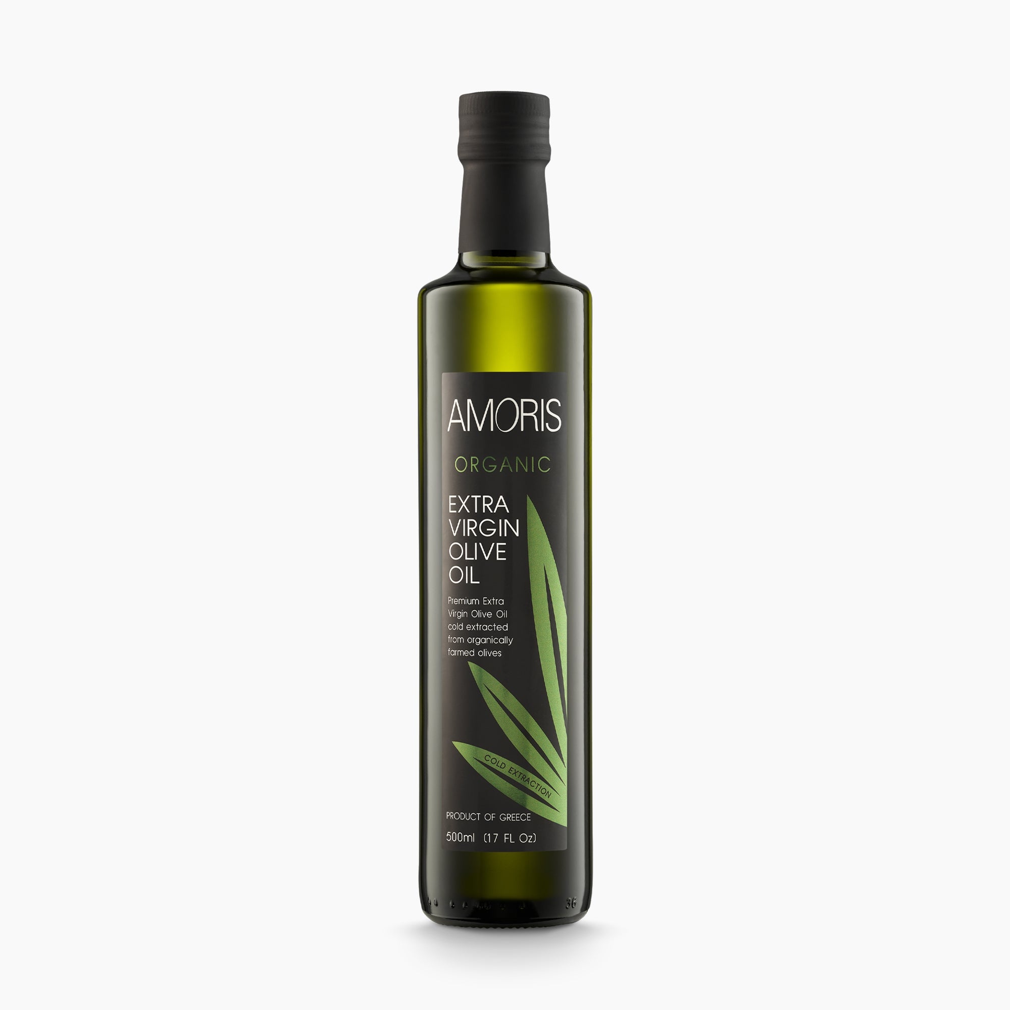 A 500 ml bottle of Amoris Organic extra virgin olive oil from Crete, Greece.