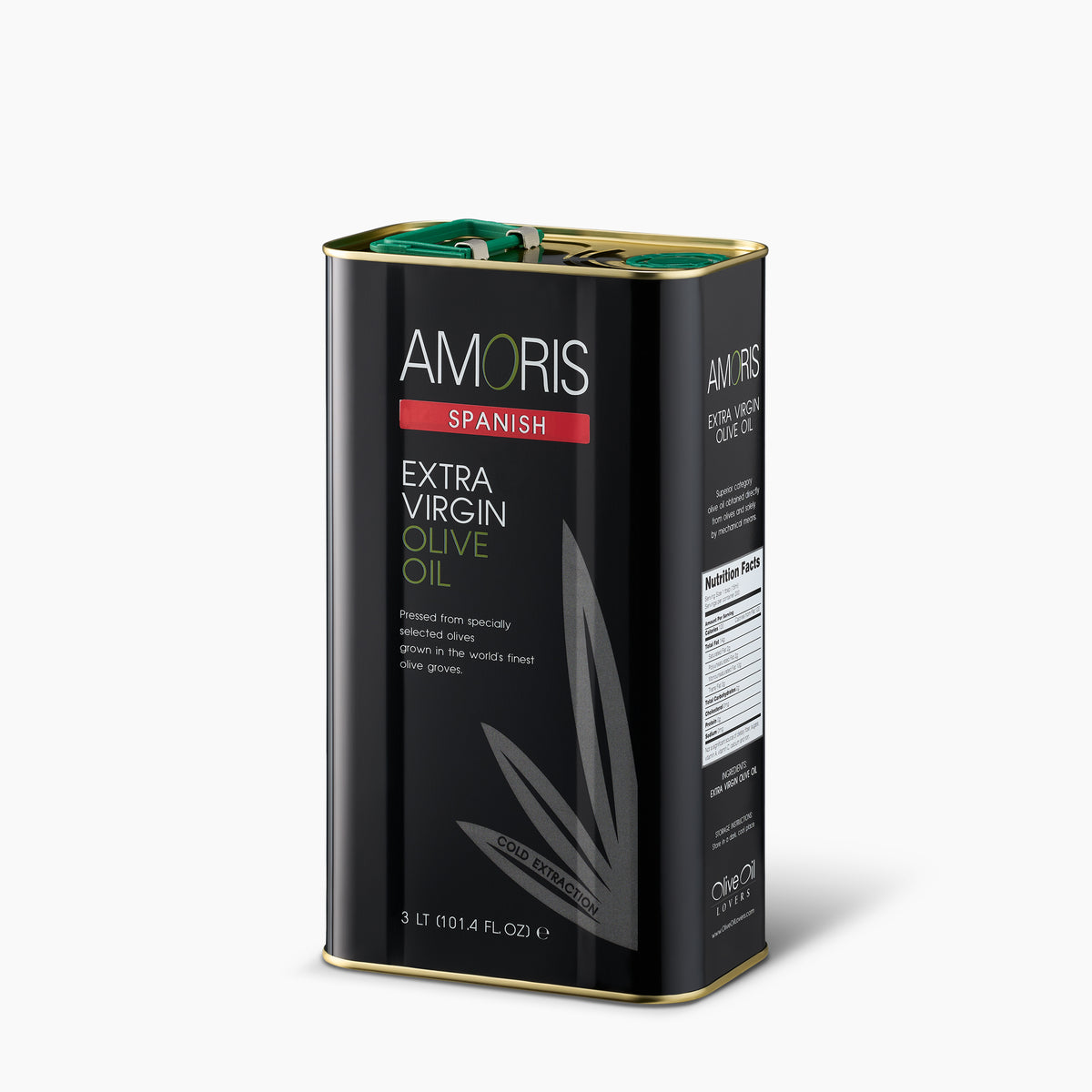 Angled view of Amoris Spanish 3L Tin extra virgin olive oil.