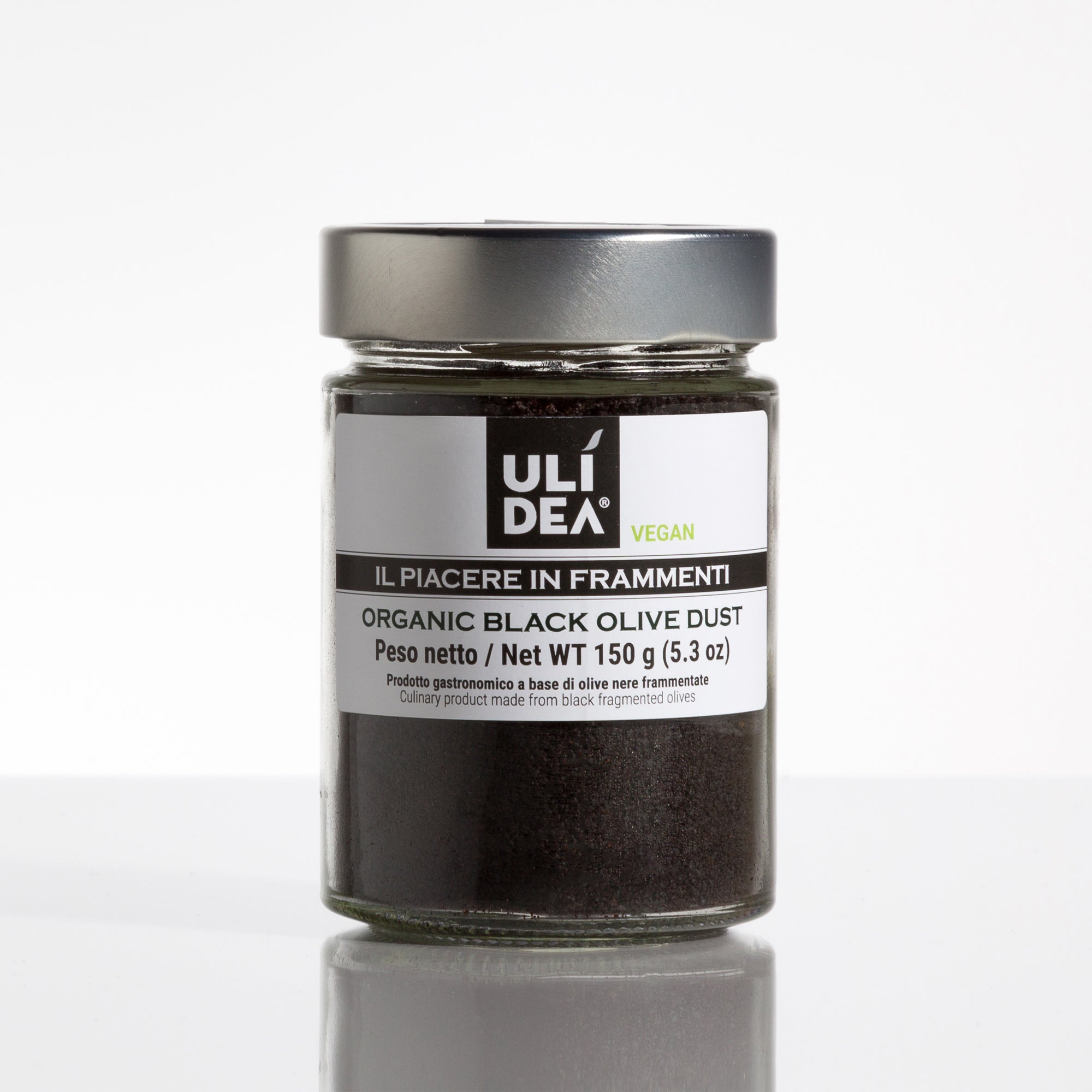 ULIDEA Organic Black Olive Dust 150g jar on a reflective surface.