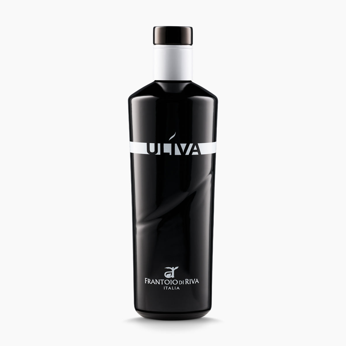 Black 500ml bottle of Uliva extra virgin olive oil from Italy with white branding.