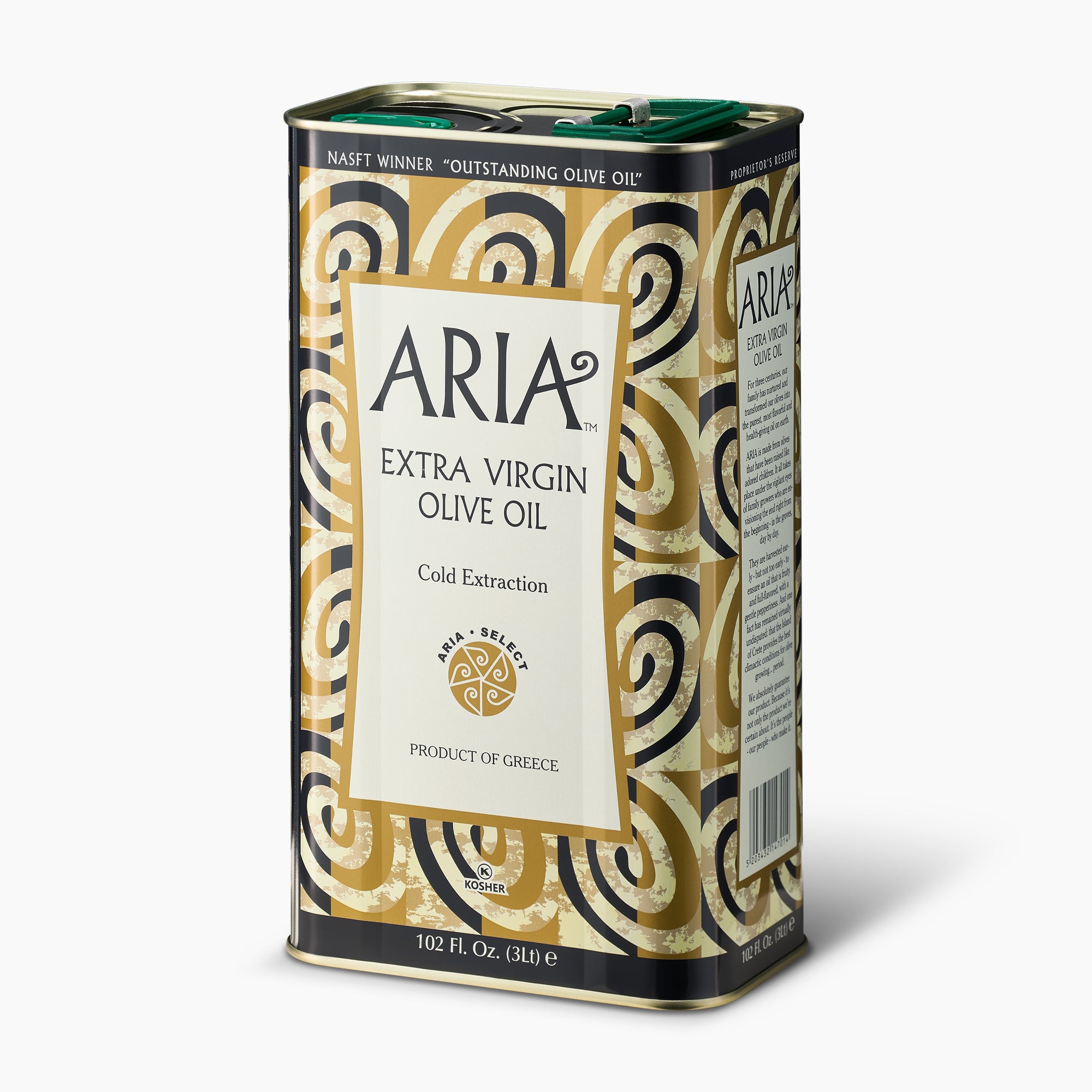Angled view of Aria Greek 3L extra virgin olive oil tin, from Crete, Greece.