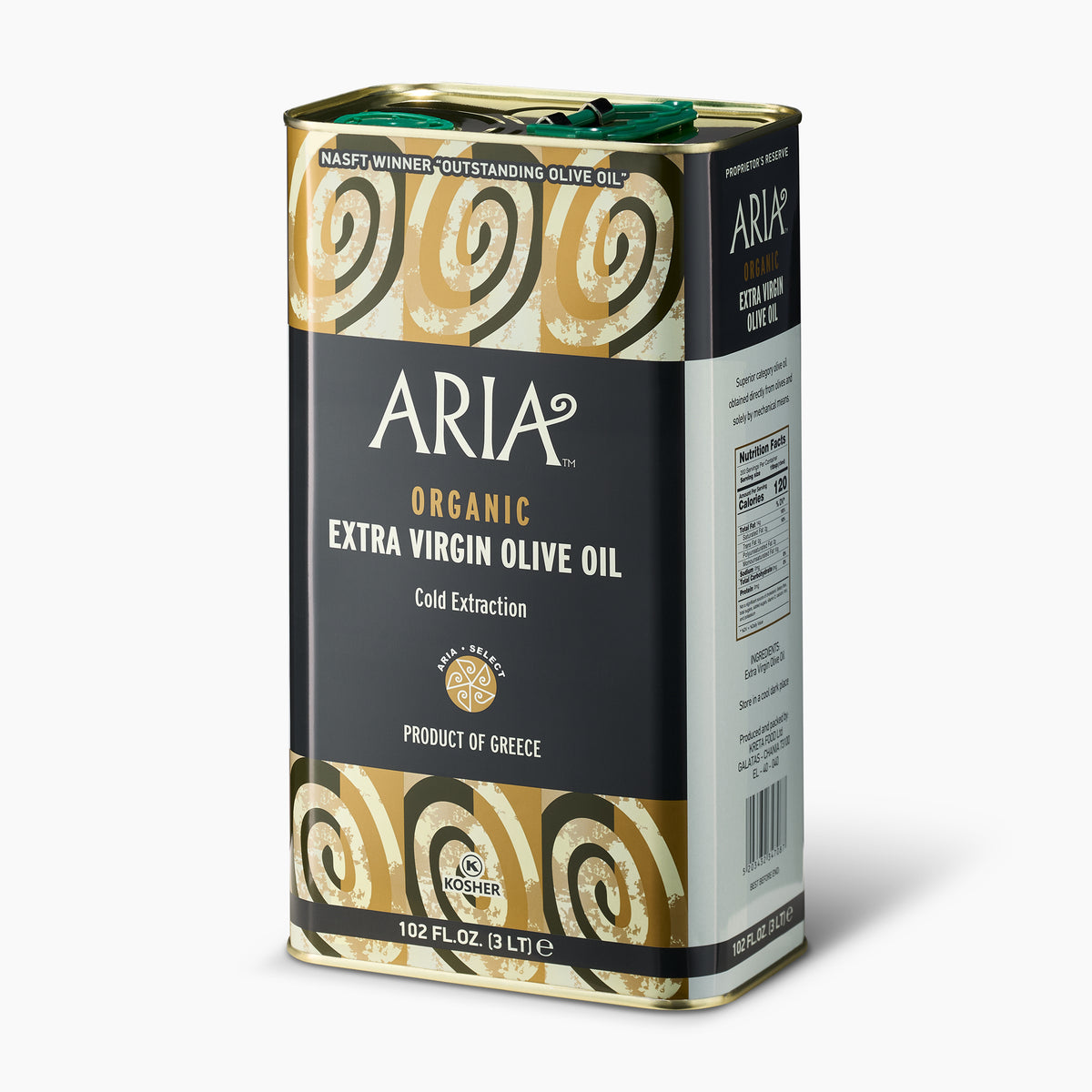Angled view of Aria Organic 3L extra virgin olive oil tin from Crete, Greece.