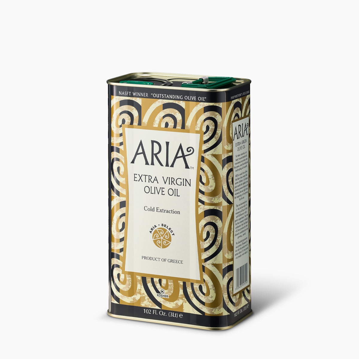 Angled view of Aria Greek 3L extra virgin olive oil tin, from Crete, Greece.