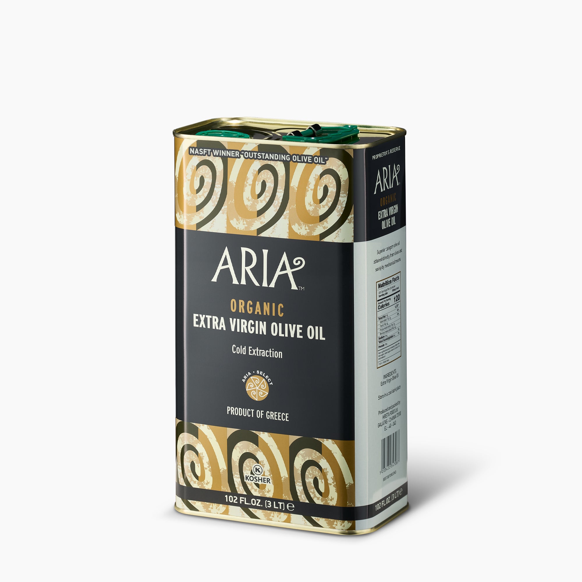 Angled view of Aria Organic 3L extra virgin olive oil tin from Crete, Greece.