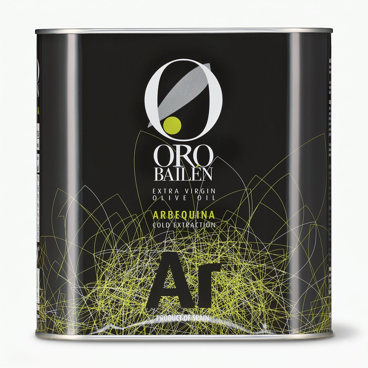 A 2.5L Tin of Oro Bailen Reserva Familiar Arbequina extra virgin olive oil from Spain.