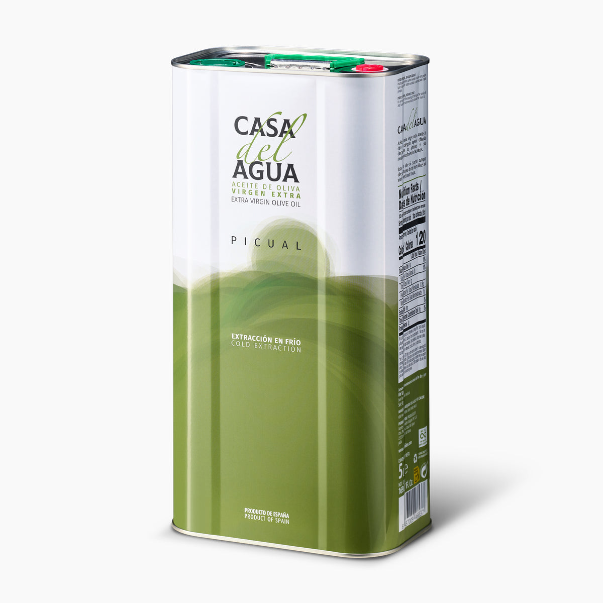 Angled view of Casa del Agua Picual 5L Tin extra virgin olive oil from Spain.