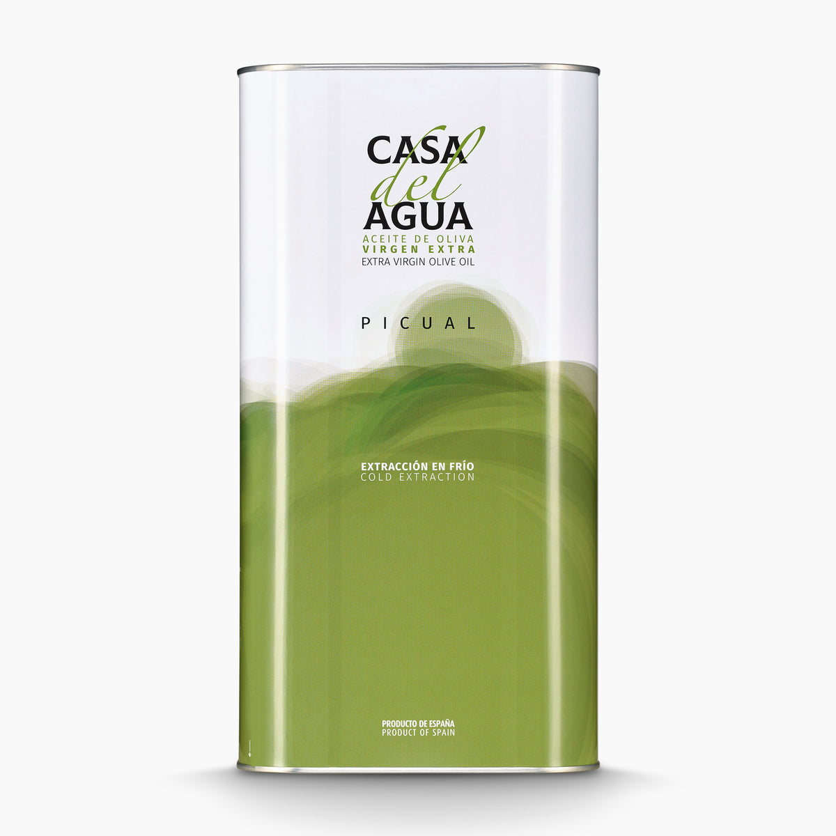 A 5L Tin of Casa del Agua Picual extra virgin olive oil from Andalusia, Spain.