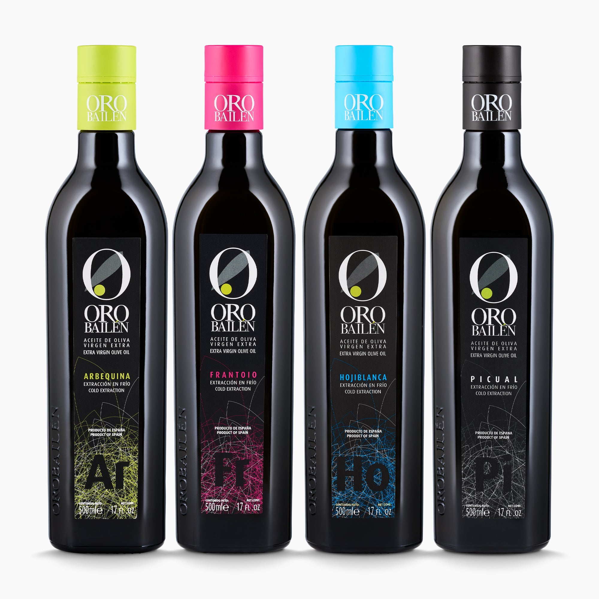 Four Oro Bailen Monocultivar olive oil bottles; Arbequina, Frantoio, Hojiblanca, and Picual.