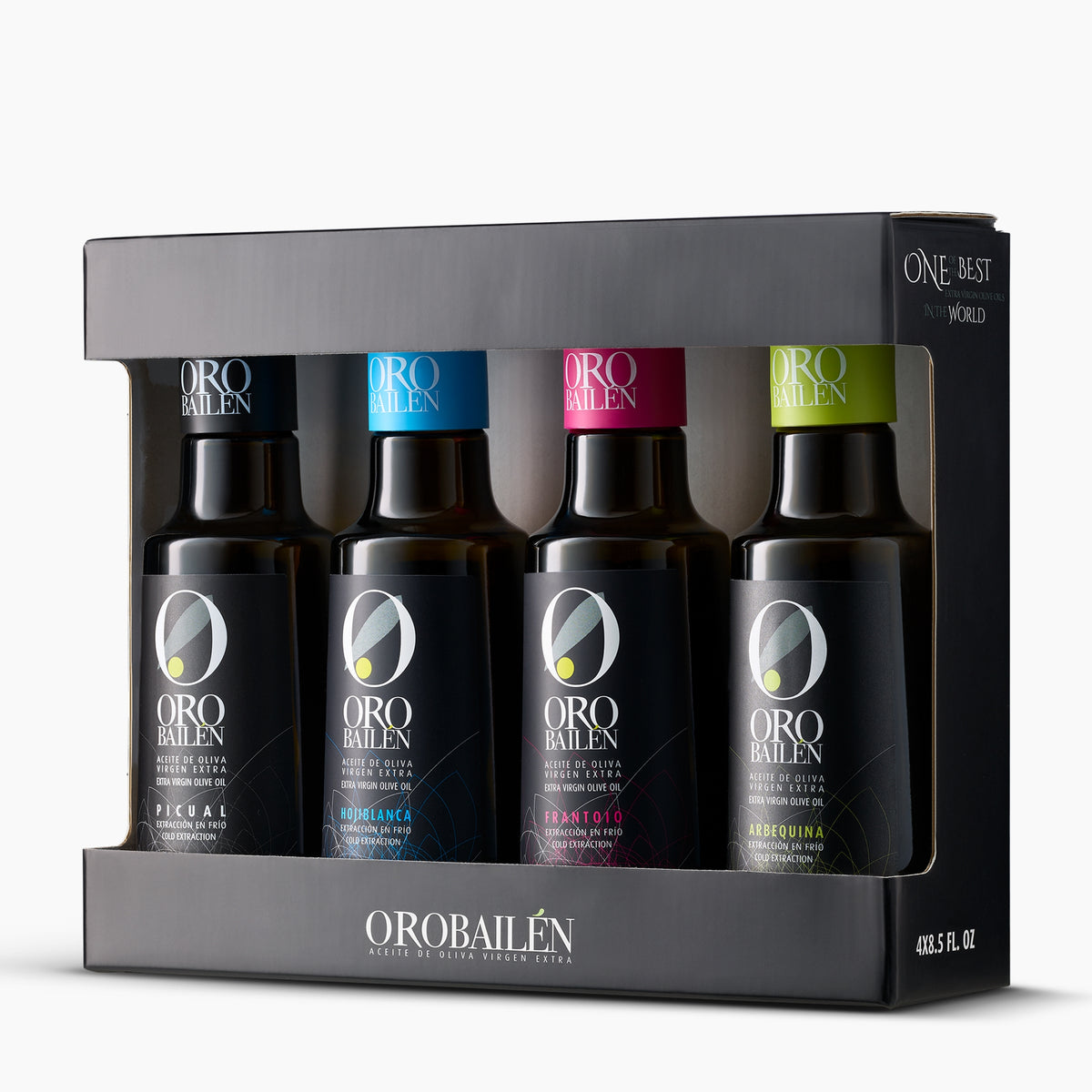 Oro Bailen Reserva Familiar Monocultivar Gift Set with four 250 ml bottles of extra virgin olive oil.